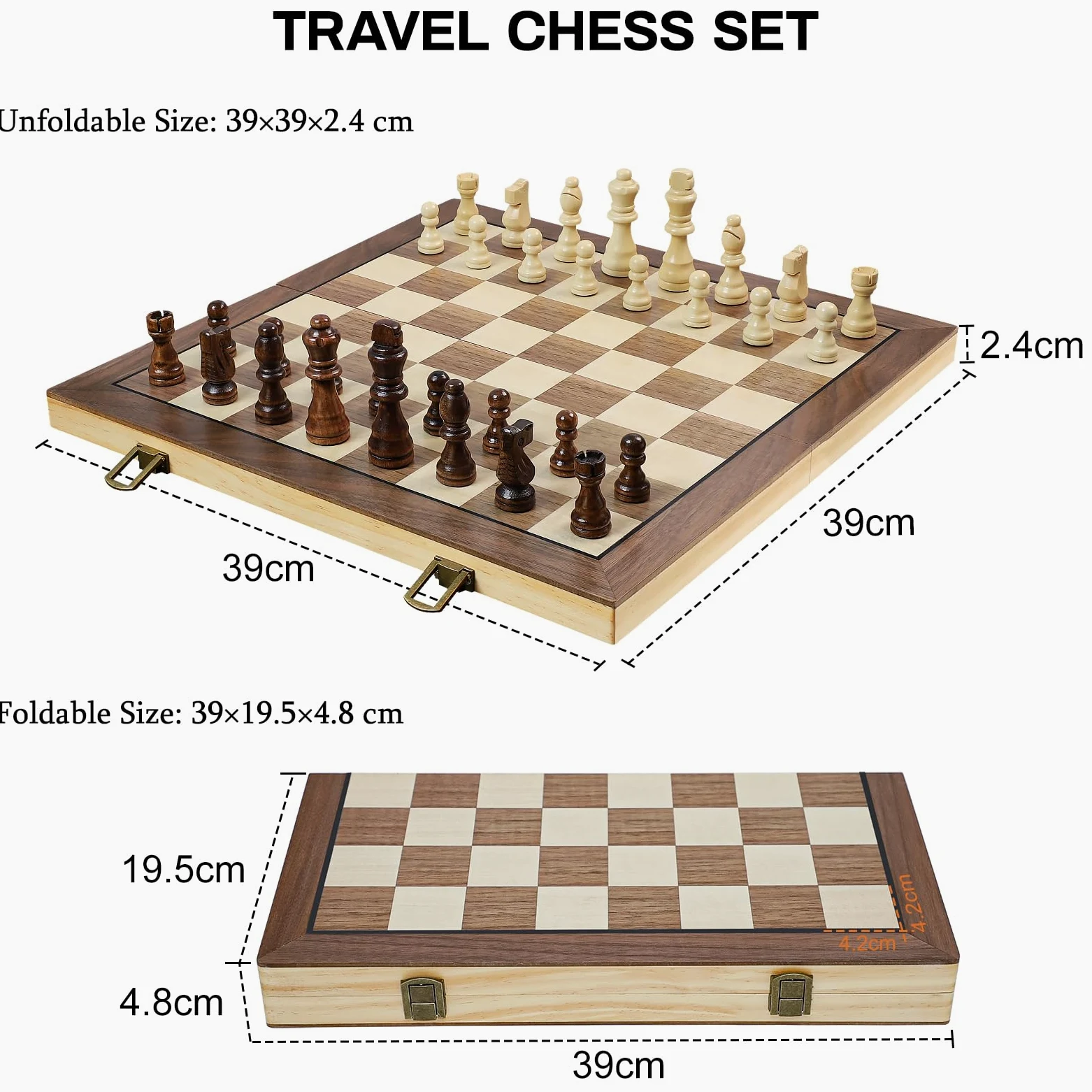 LEAP Jeu d'échecs magnétique en bois pliable de 39 cm - 7,62 cm - King Size - Jeu d'échecs de voyage avec 2 pièces supplémentaires et emplacements de rangement pour adultes