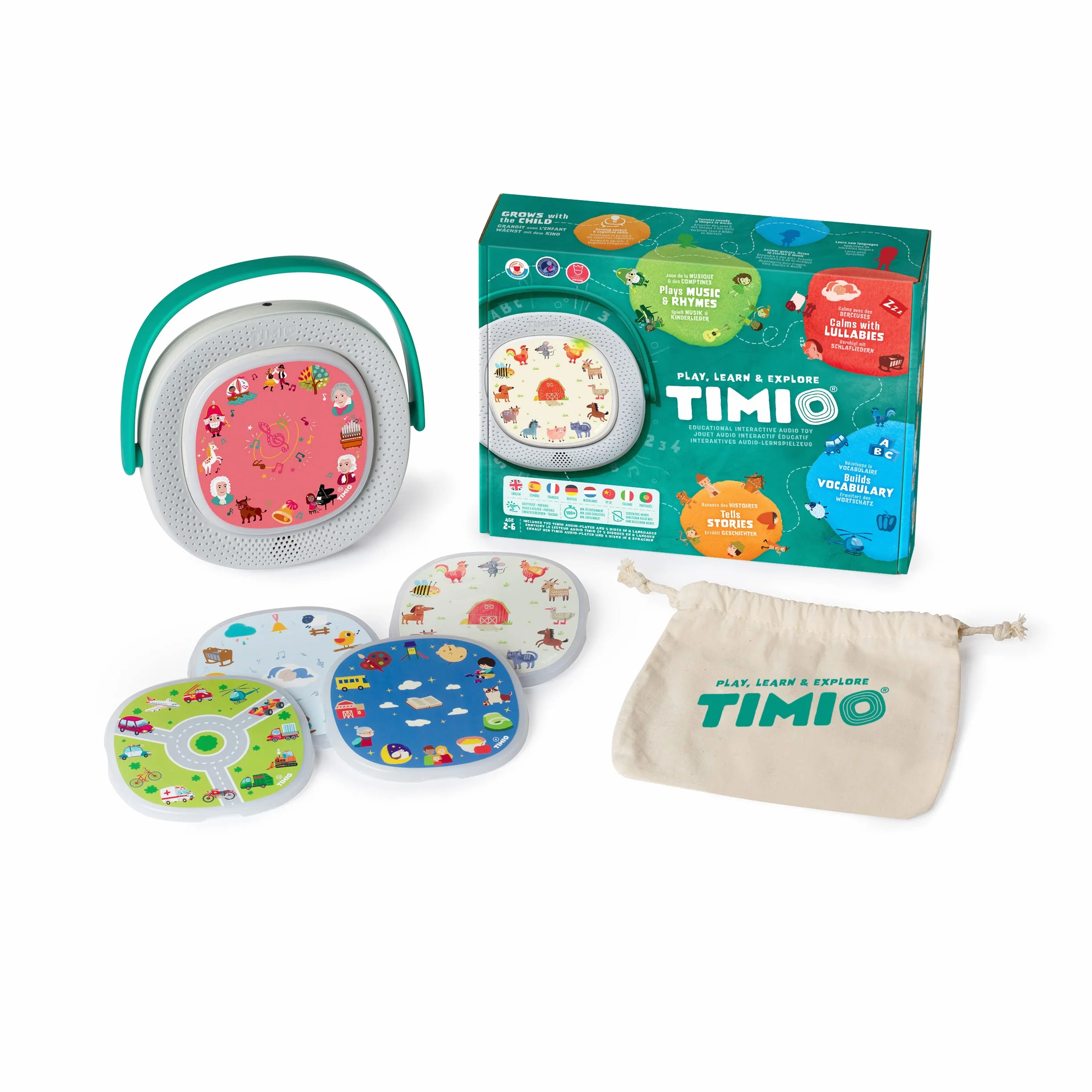TIMIO Player + 5 Disques Jouet interactif Contes de fées Histoires Musique comptines 8 Langues 2-6 Ans