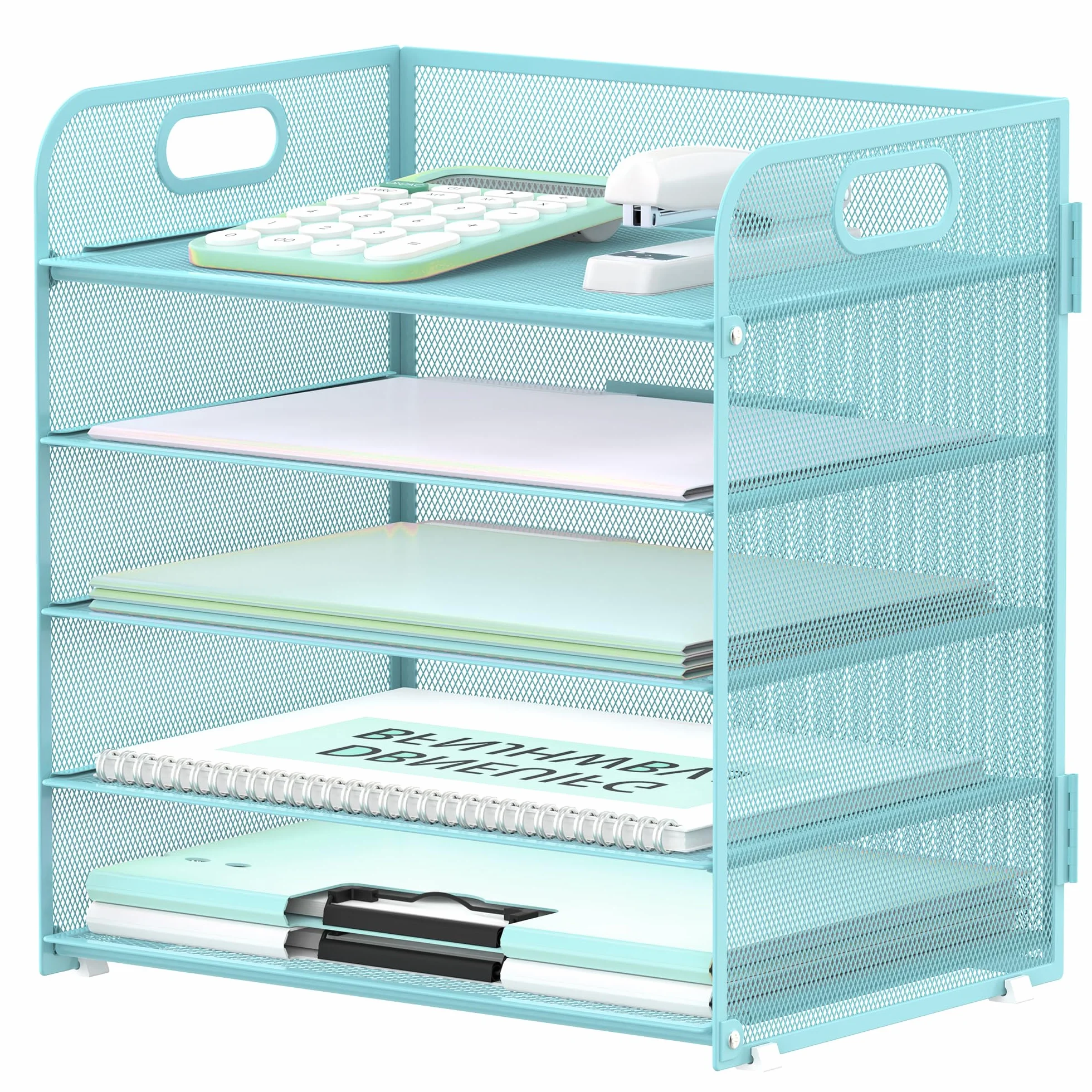 Lot de 5 plateaux de rangement en papier avec poignée en maille bleu clair pour bureau
