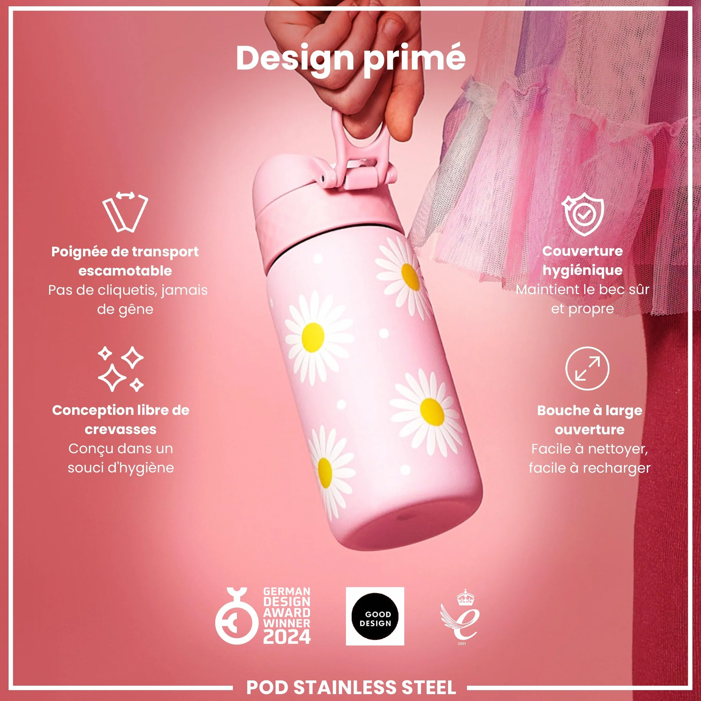 Ion8 Gourde Enfant Inox 400ml Anti-Fuite Verrouillage Sécurisé Lavable Lave-Vaisselle Acier Inoxydable Marguerites