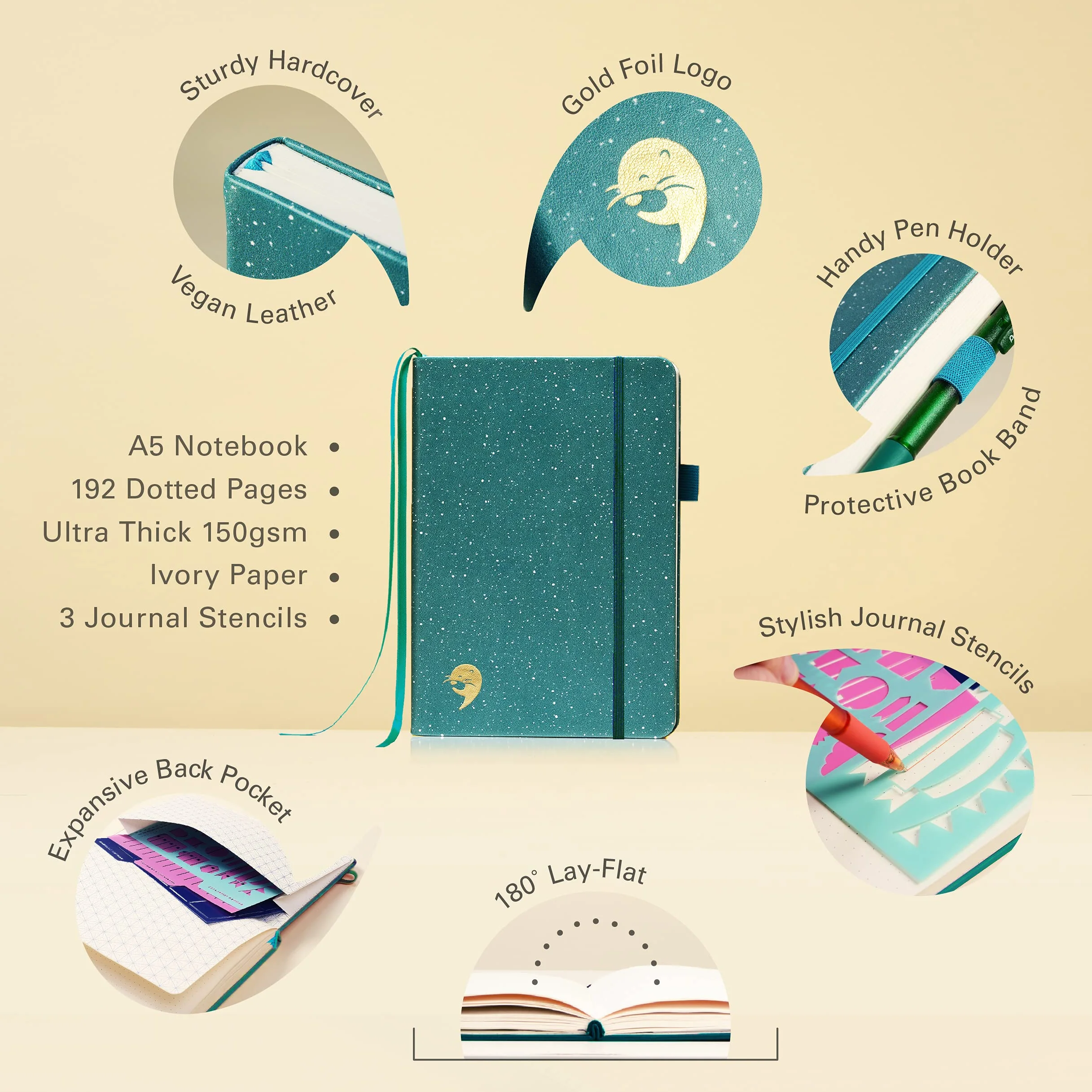 Ottergami The Classic Carnet A5 Vert Moucheté Bullet Pointillé Journal 150gsm Papier Dotted Notebook Relié Cartonné 192pg