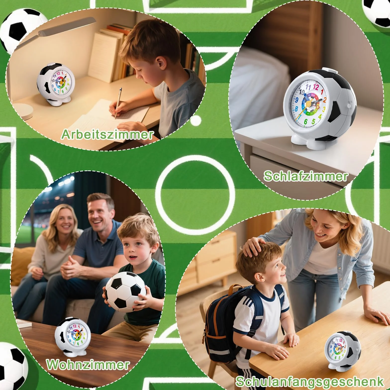 Réveil Enfant Football Garçon Fille Horloge Pédagogique Analogique Silencieux sans Tic-Tac avec Veilleuse Snooze Antidérapant Idée Cadeau Éducatif 5-12 Ans