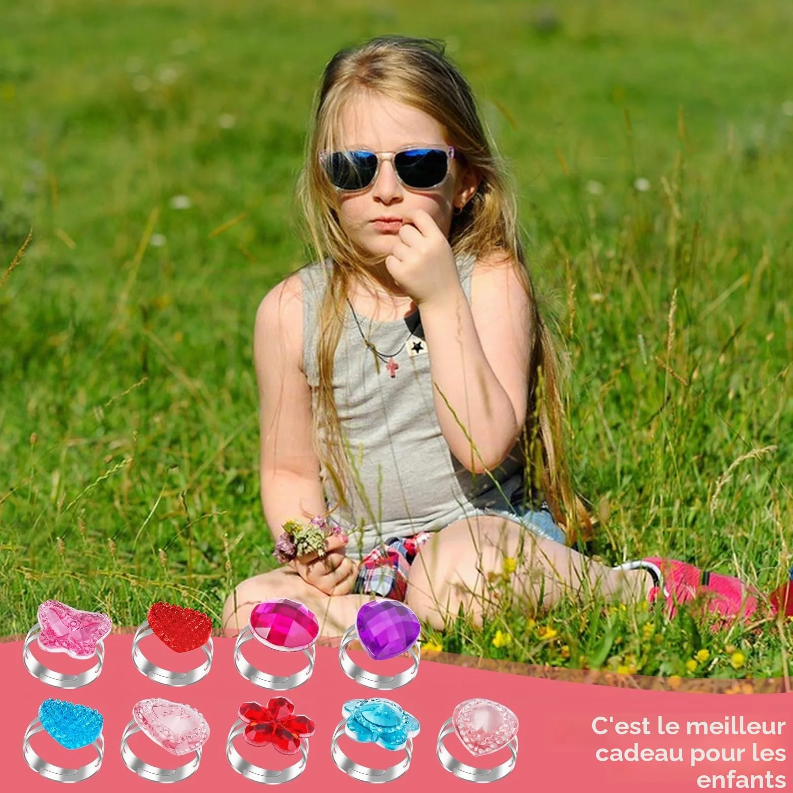 ASTER Lot de 9 bagues réglables pour fille avec cristaux métal fer pierre précieuse acrylique résine