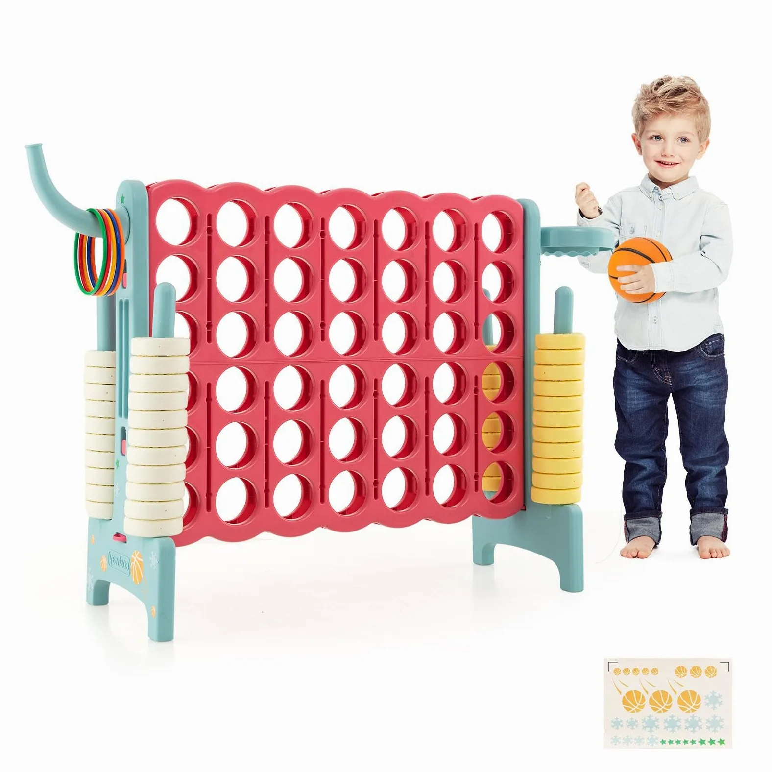 HOMASIS Jeu géant 4 Gagnants, Jeu 4 en 1 avec Panier de Basket & Lancer, Jeu de Stratégie avec 42 Anneaux, XXL Jeu de société Jouet pour Enfants & Adultes Extérieur