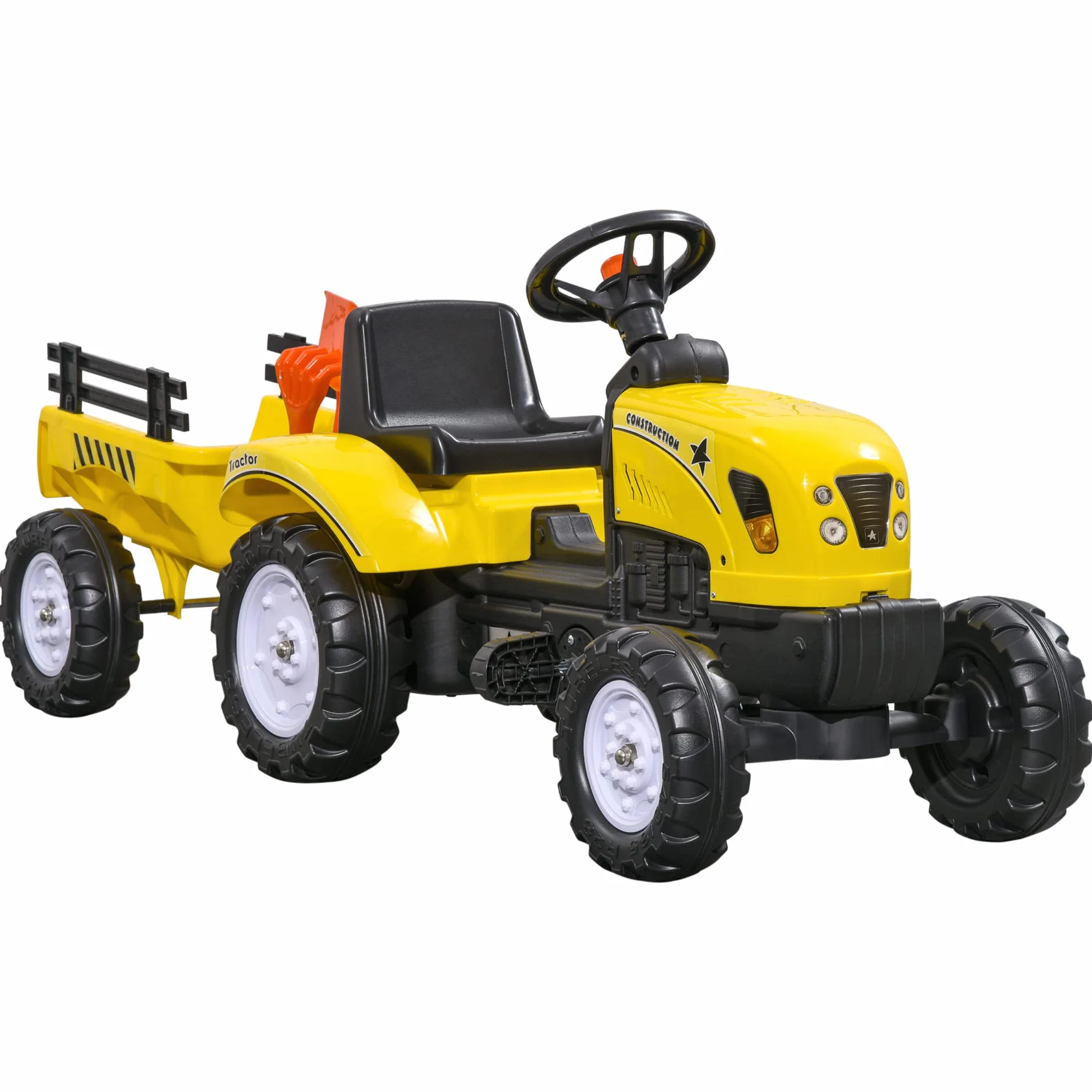 HOMCOM Tracteur à pédales 6 Roues avec remorque, râteau et pelle, Charge 35 kg, pour 3+ Ans, Jaune