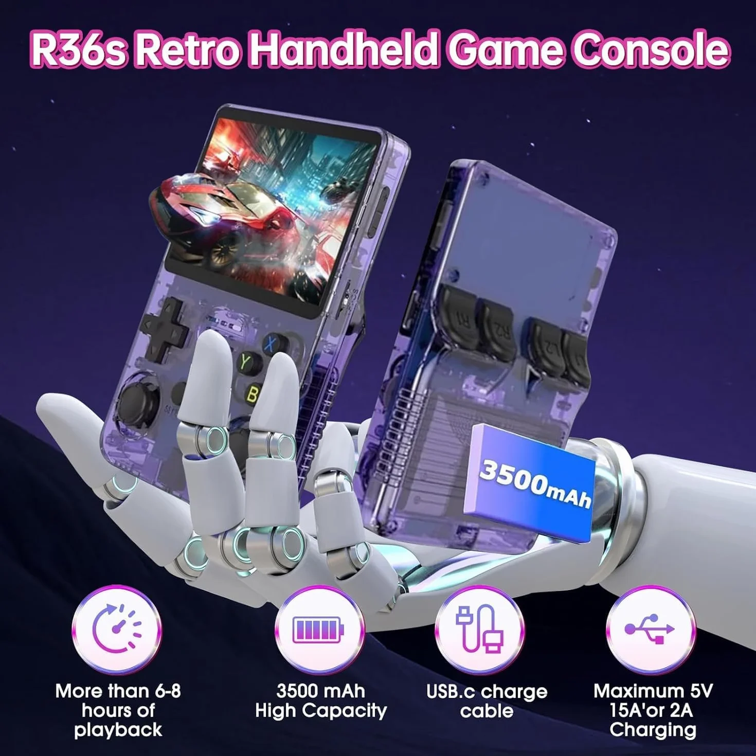 Console de Jeu Portable Rétro R36S 128 Go 40000 Jeux Classiques Linux Écran HD IPS 3,5 Pouces Violet