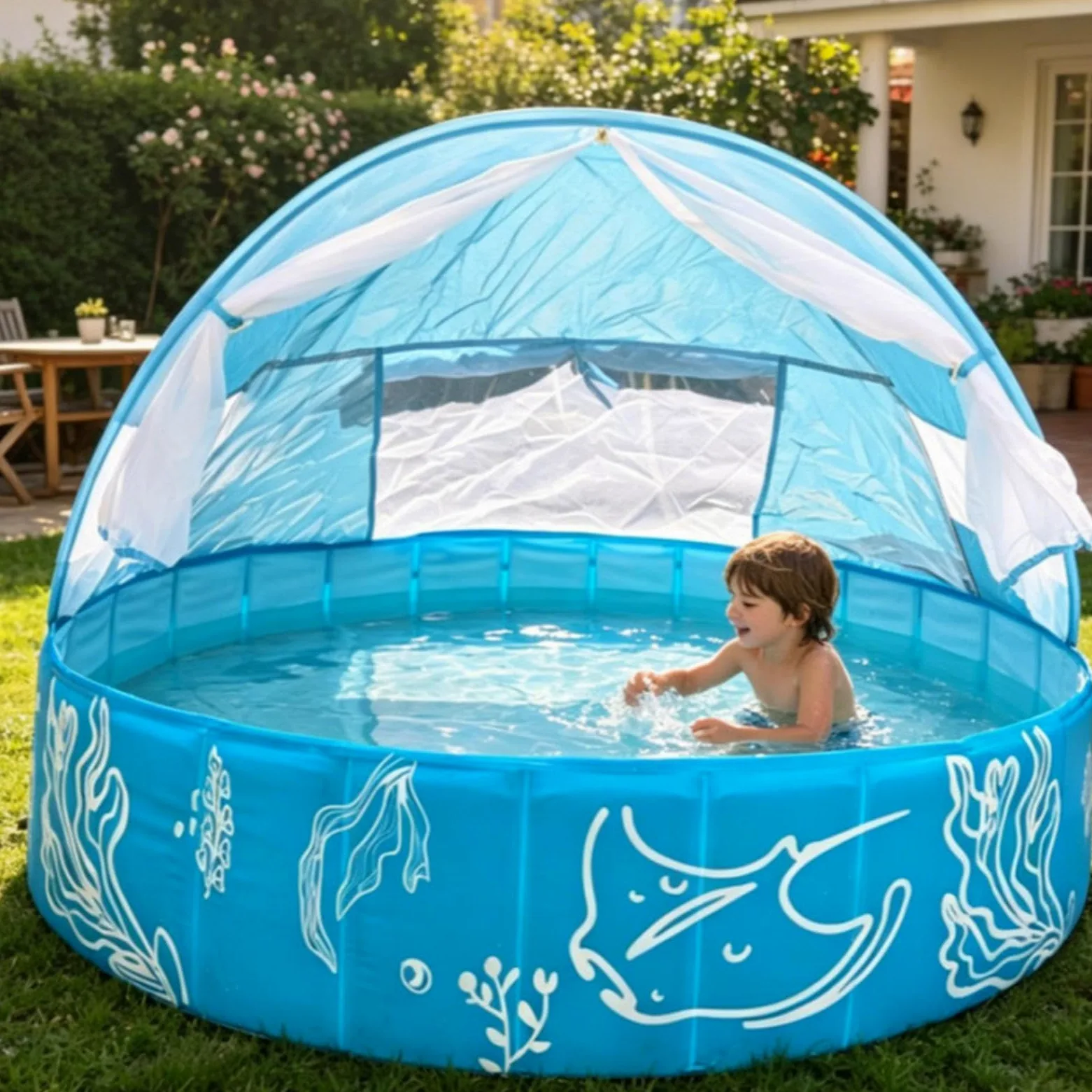 Piscine Enfant avec auvent et Filet Protecteur, Jouet Non Gonflable | Piscine Portable De 120 X 30 Cm pour jeux d'eau extérieurs en , terrasse, plage et