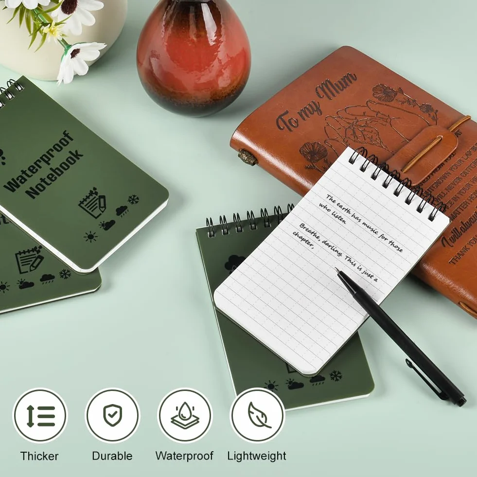 Carnets Étanches 5 Pièces 3 x 5 Pouces Bloc Note Spirale Mini Imperméables avec Stylo
