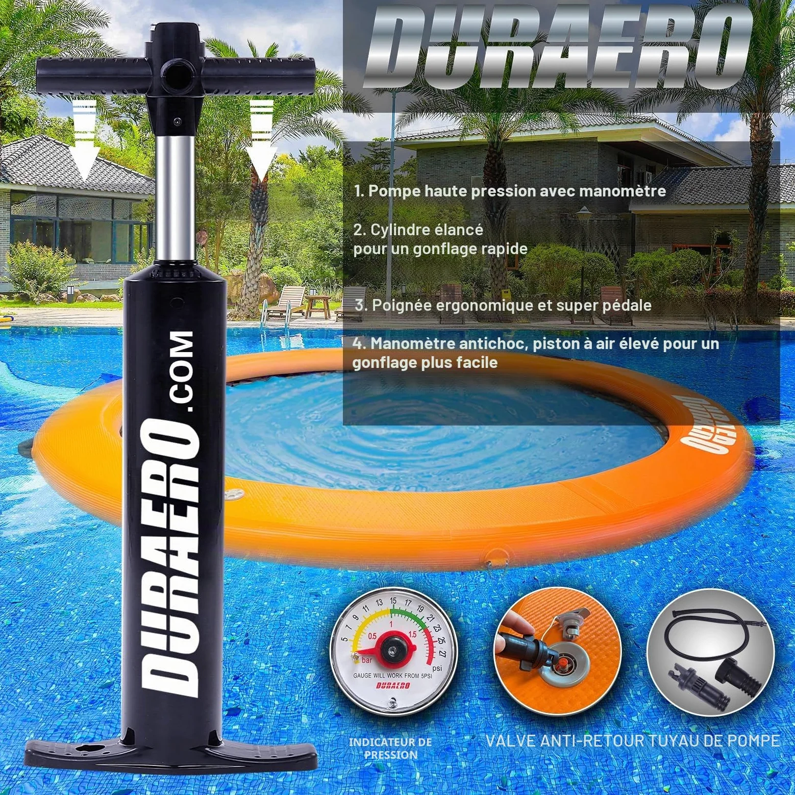 Hamac Gonflable d’Eau Ø185 x 10 cm, Grande bouée Ronde Piscine et lac, îlot Flottant pour 2–3 Personnes, transat Aquatique, Pompe et Accessoires Inclus
