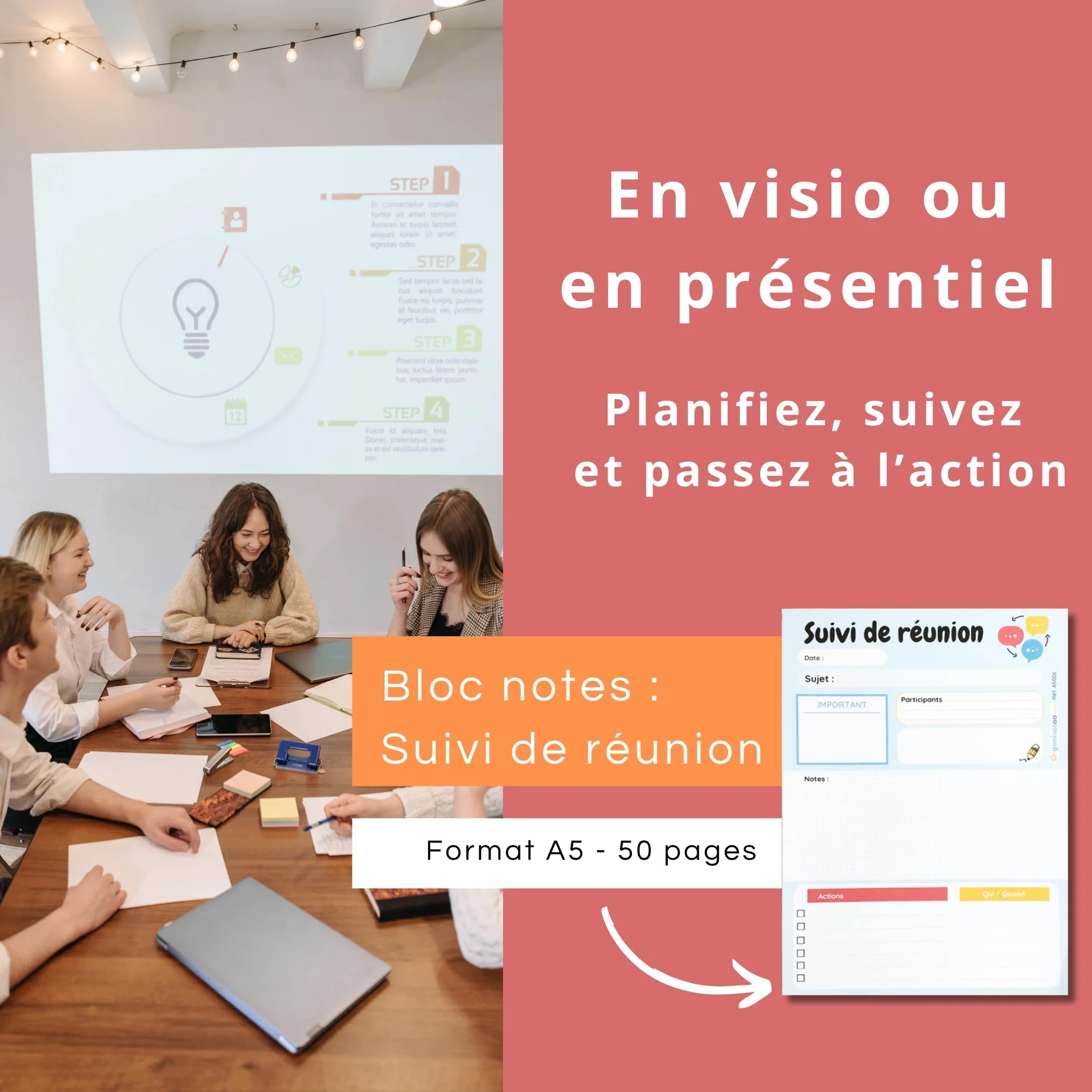 Bloc-notes suivi de réunion A5 50 pages détachables pour équipe managers entrepreneurs