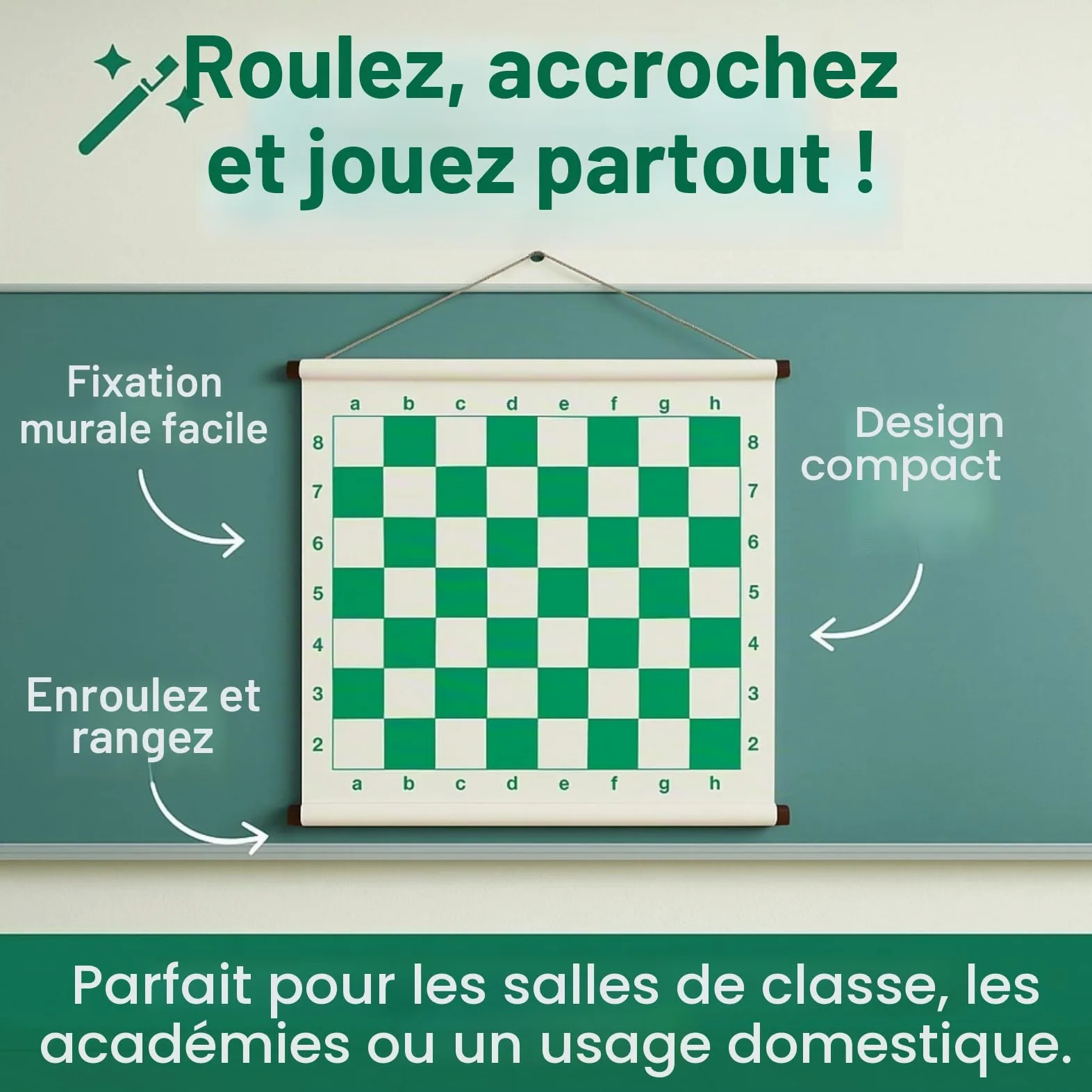 KD Willmax Échiquier mural avec pièces magnétiques | Écran enroulable 68,6 cm