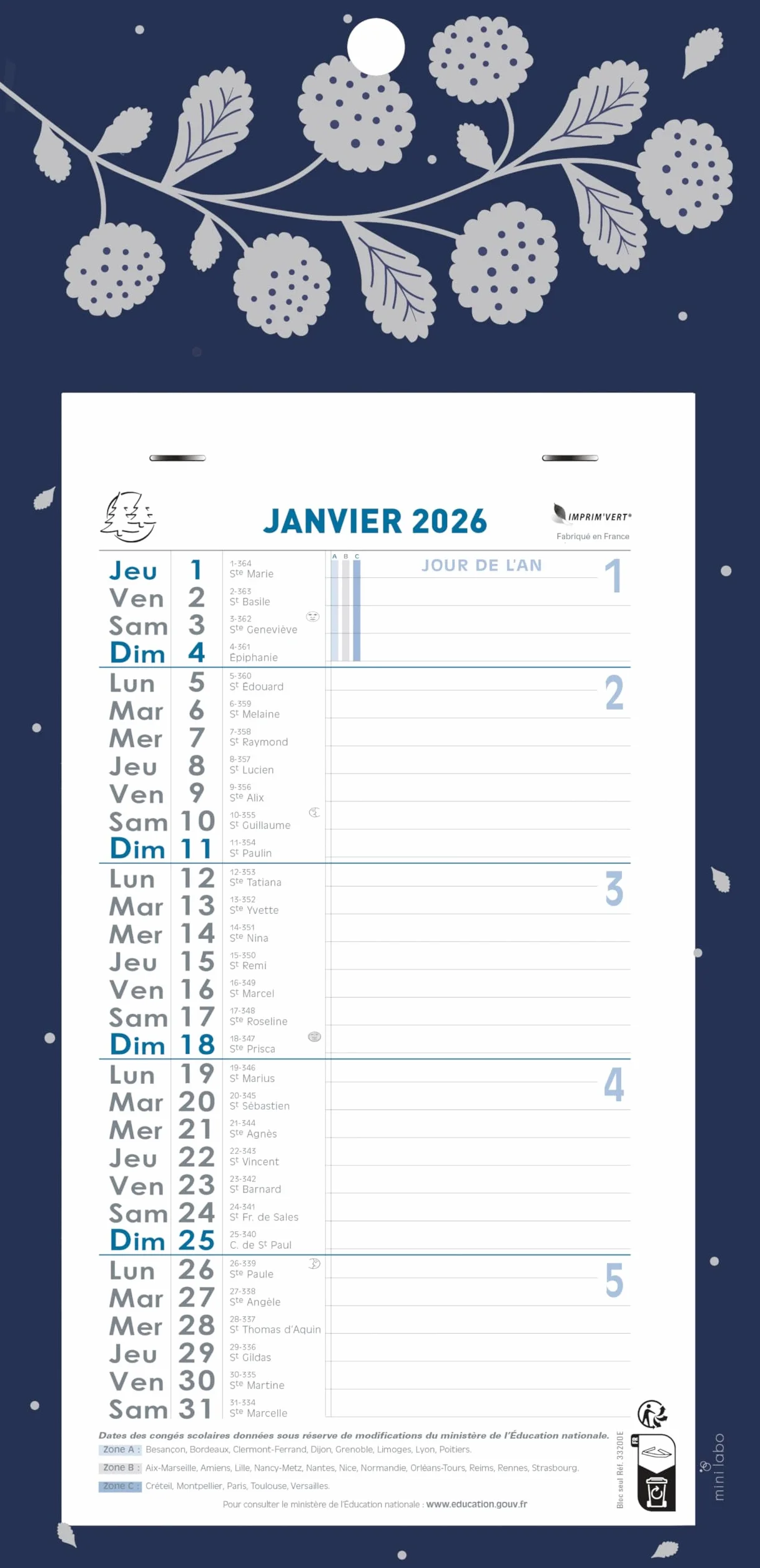 Exacompta Calendrier mensuel Végétal 15,5x28,5cm 2026