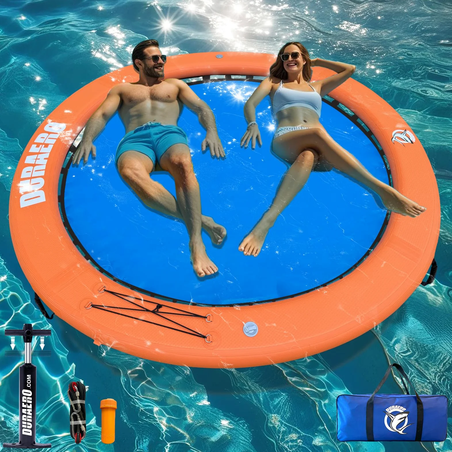 Hamac Gonflable d’Eau Ø245 x 10 cm, Grande bouée Ronde Piscine et lac, îlot Flottant pour 2–6 Personnes, transat Aquatique, Pompe et Accessoires Inclus