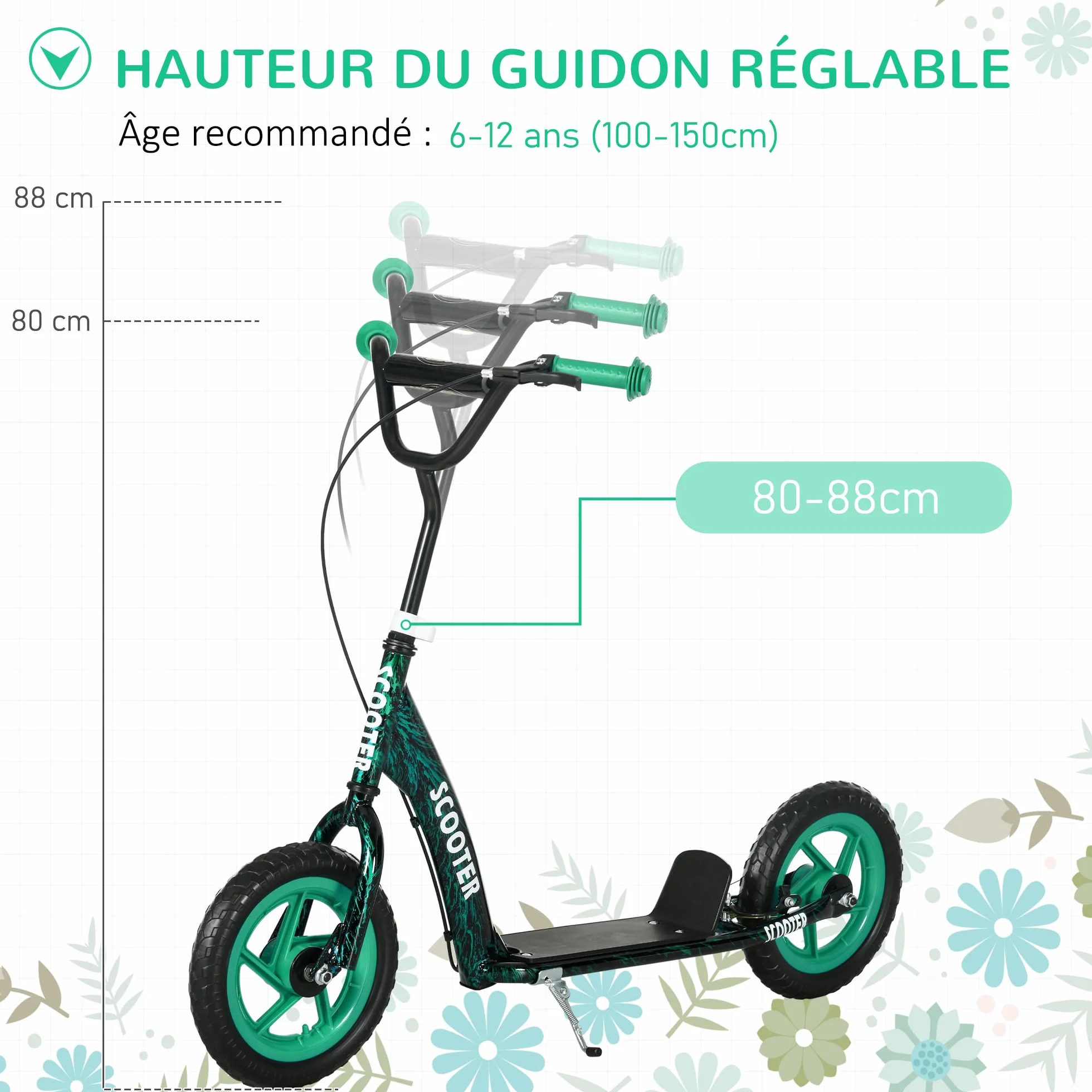AIYAPLAY Trottinette Enfant 6-12 Ans Grandes Roues 30 cm Hauteur Réglable Frein Arrière Béquille
