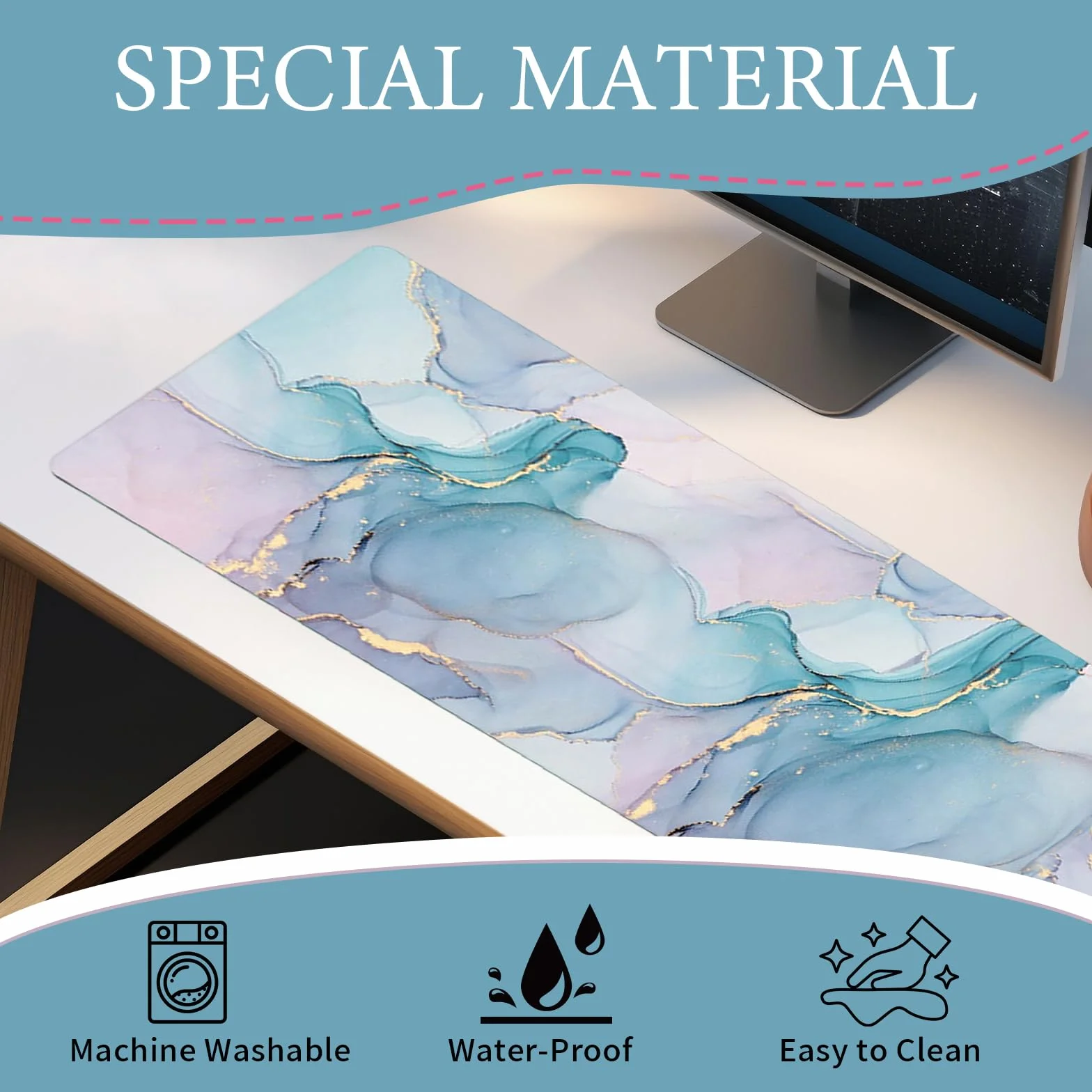 Tapis de Souris Marbre 80x30cm Antidérapant sous-Main Bureau Protection Rose