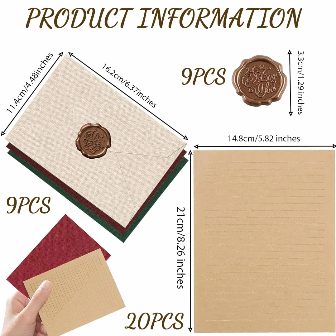Ensemble de Papeterie Vintage 38 Pièces avec Enveloppes Papier Lettre Kraft et Autocollants Sceau en Cire