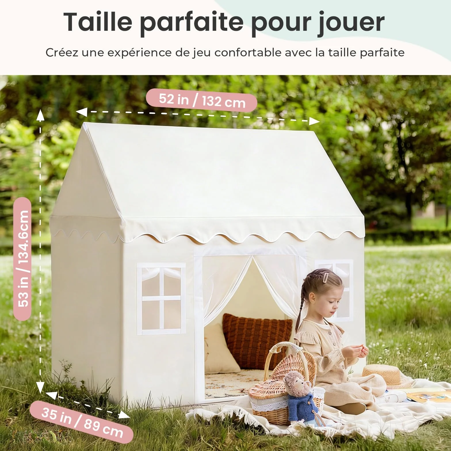 Tiny Land Tente de Jeu pour Enfants avec Tapis et Lumières de Chaîne 4m, Cabane Enfant Intérieur Extérieur, Château Princesse 133x90x136 cm