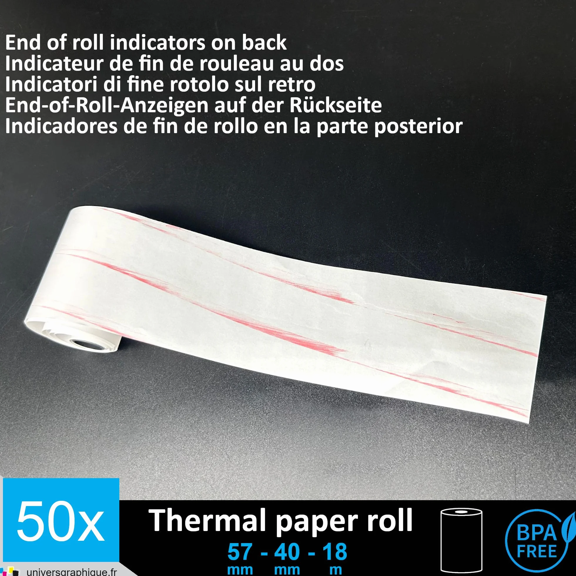 Bobine papier thermique 57 x 40 x 12 mm pour terminal carte bancaire TPE