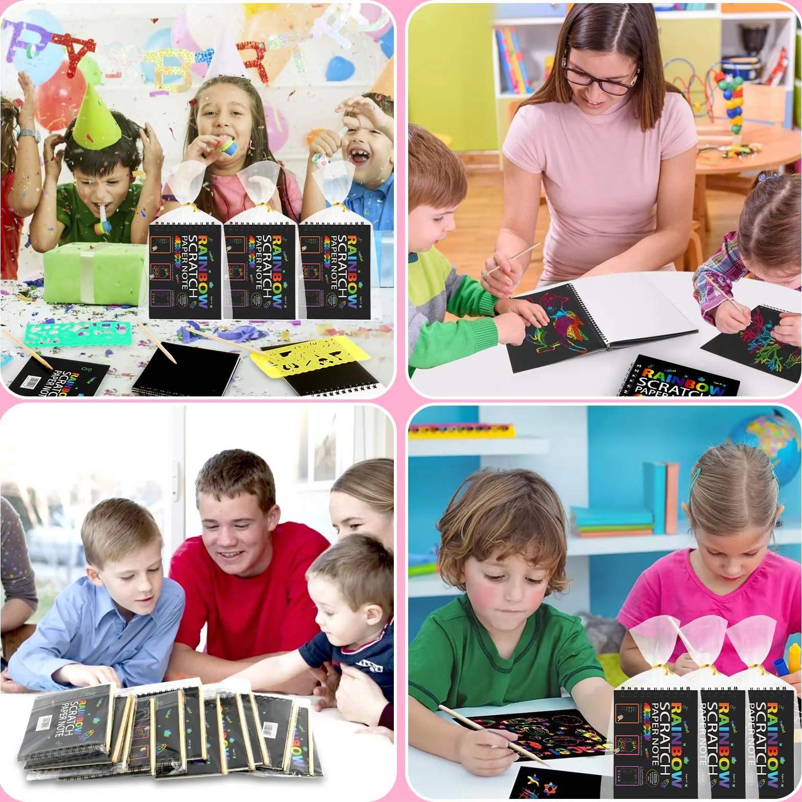 Carte à Gratter Enfant 12 Pack Notes Arc-en-ciel Livre d'Art à Gratter avec Stylo Bambou