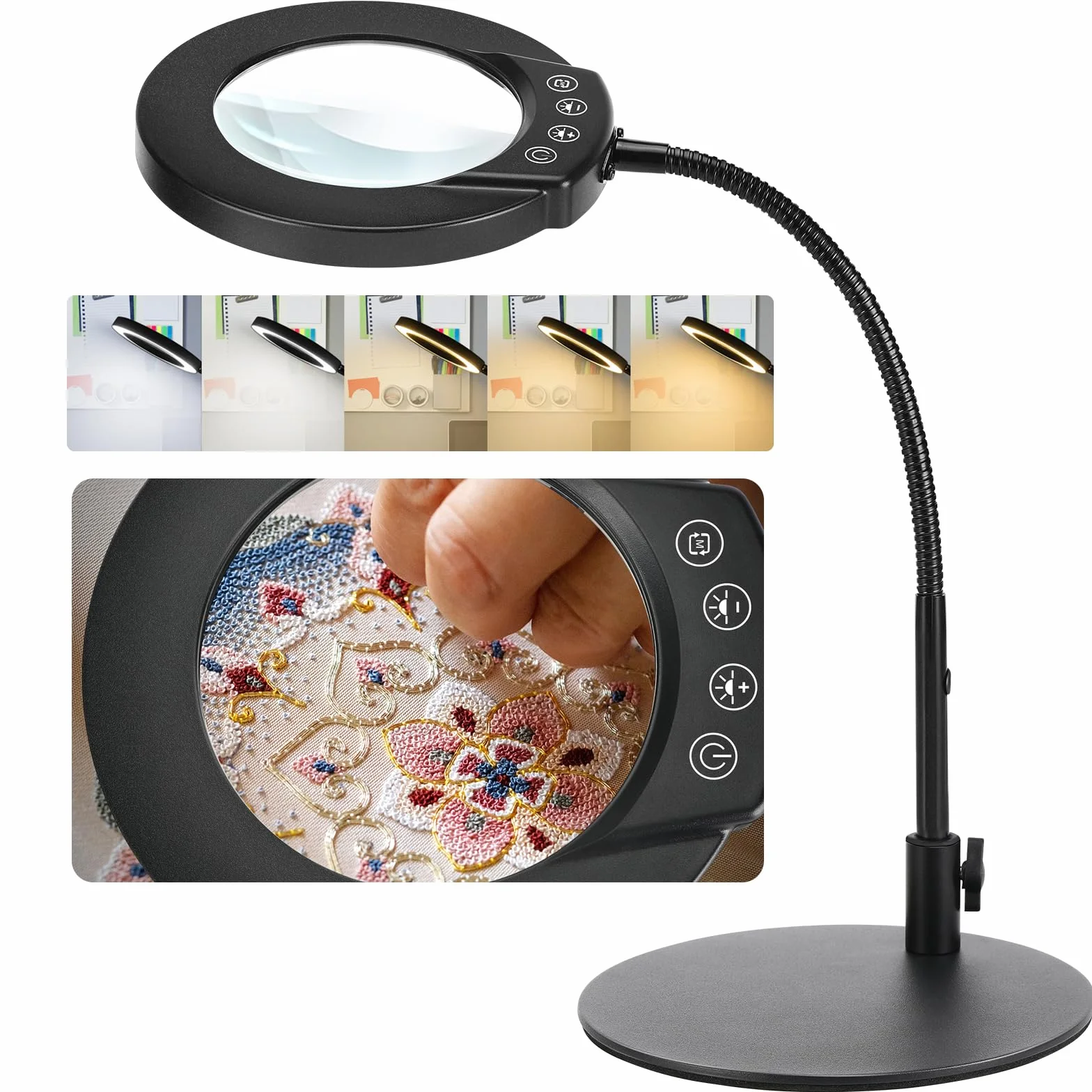 Lampe Loupe sur Pied 10X, 5 Modes de Couleur, Loupe Éclairée à Intensité Variable avec Support