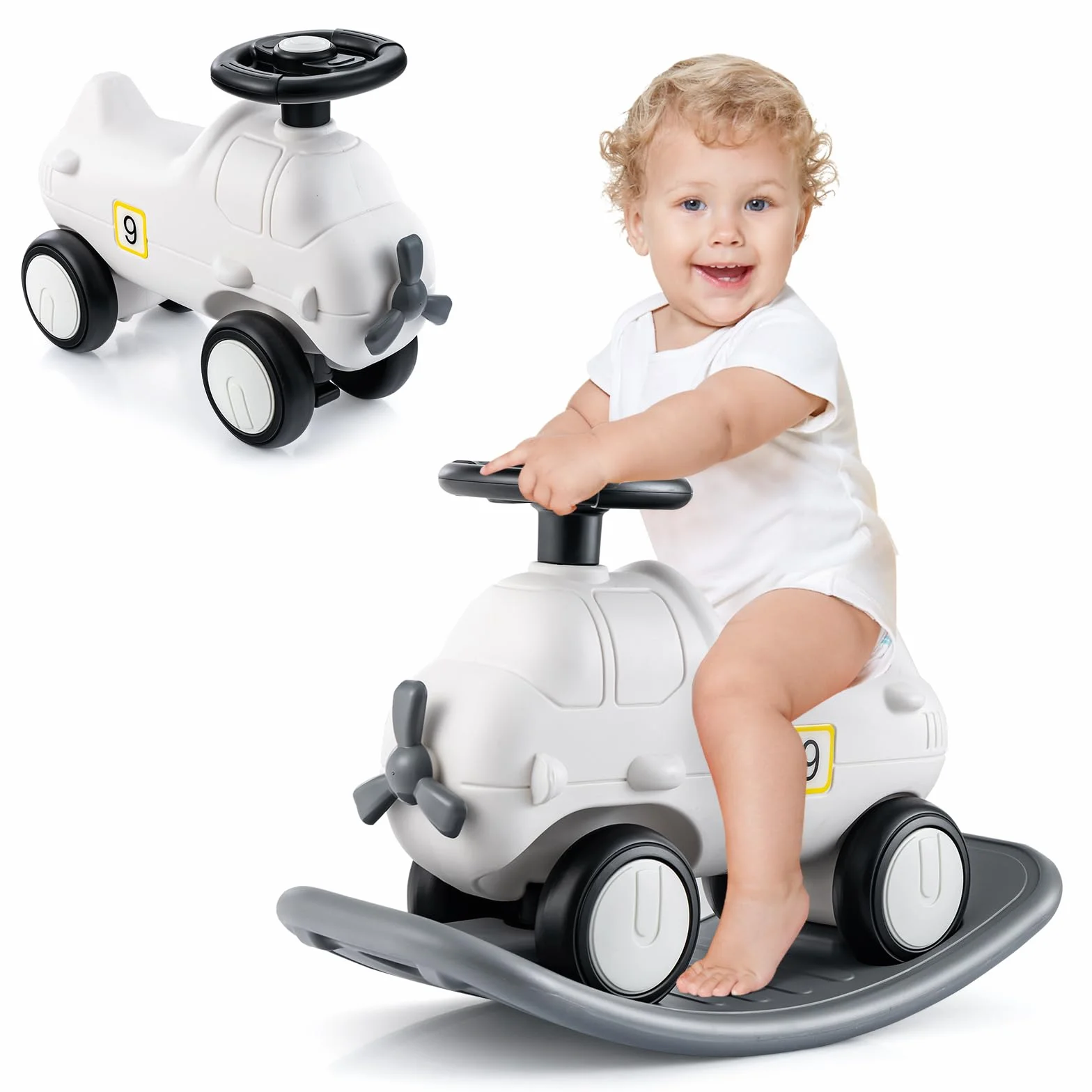 GOPLUS Cheval à Bascule Enfant 3 en 1 Convertible Porteur Planche Équilibre Avion Intérieur Extérieur 1 an+