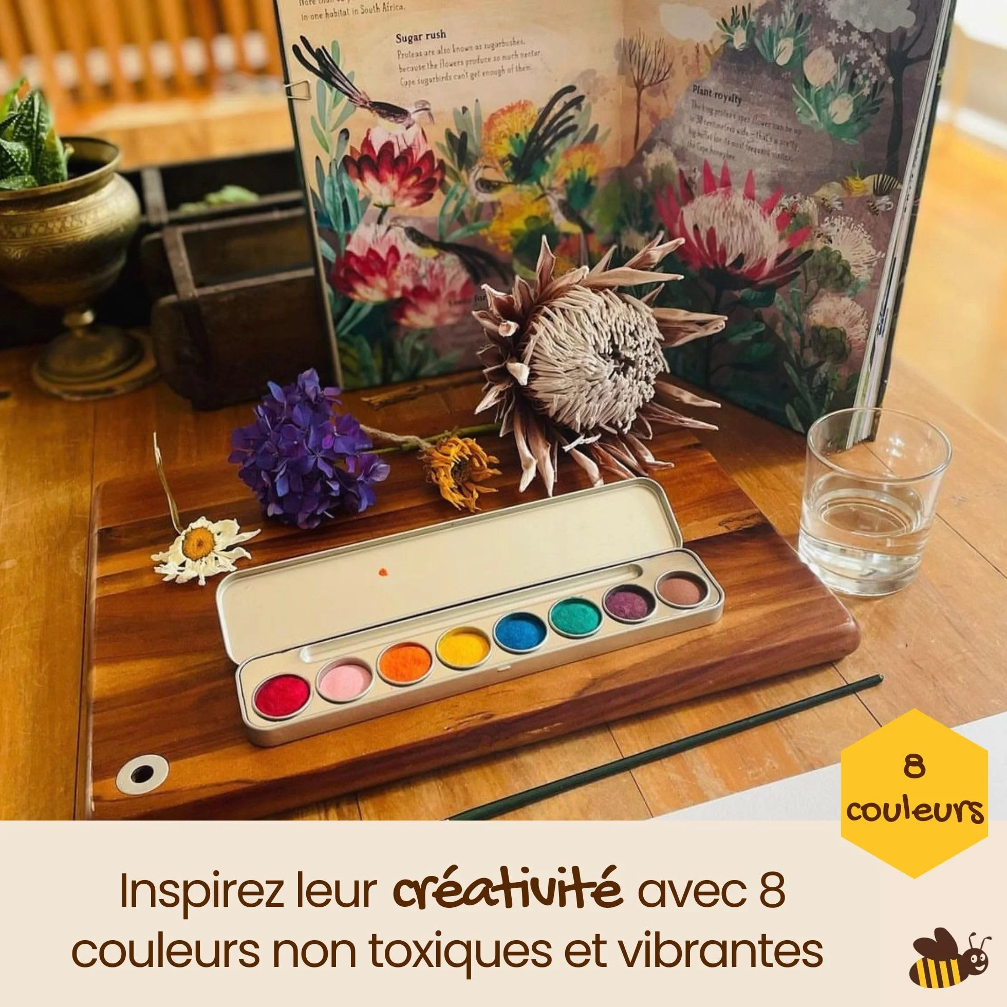 Honeysticks Set de peinture aquarelle non toxique 8 couleurs avec pinceau pour enfants