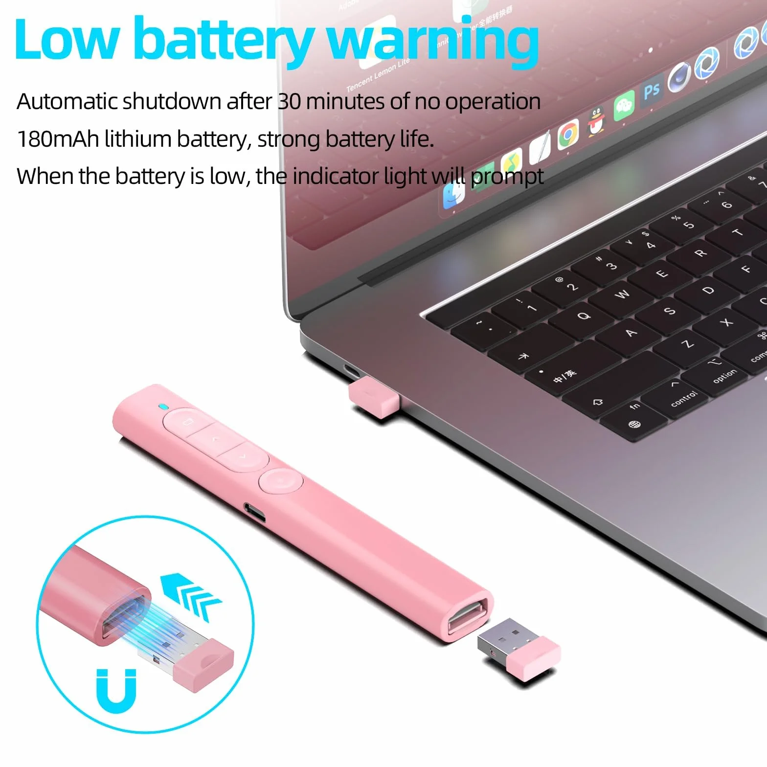 Télécommande Présentation Sans Fil Rechargeable avec Hyperlien & Contrôle Volume, Compatible Mac PC Ordinateurs Portables (Rose)