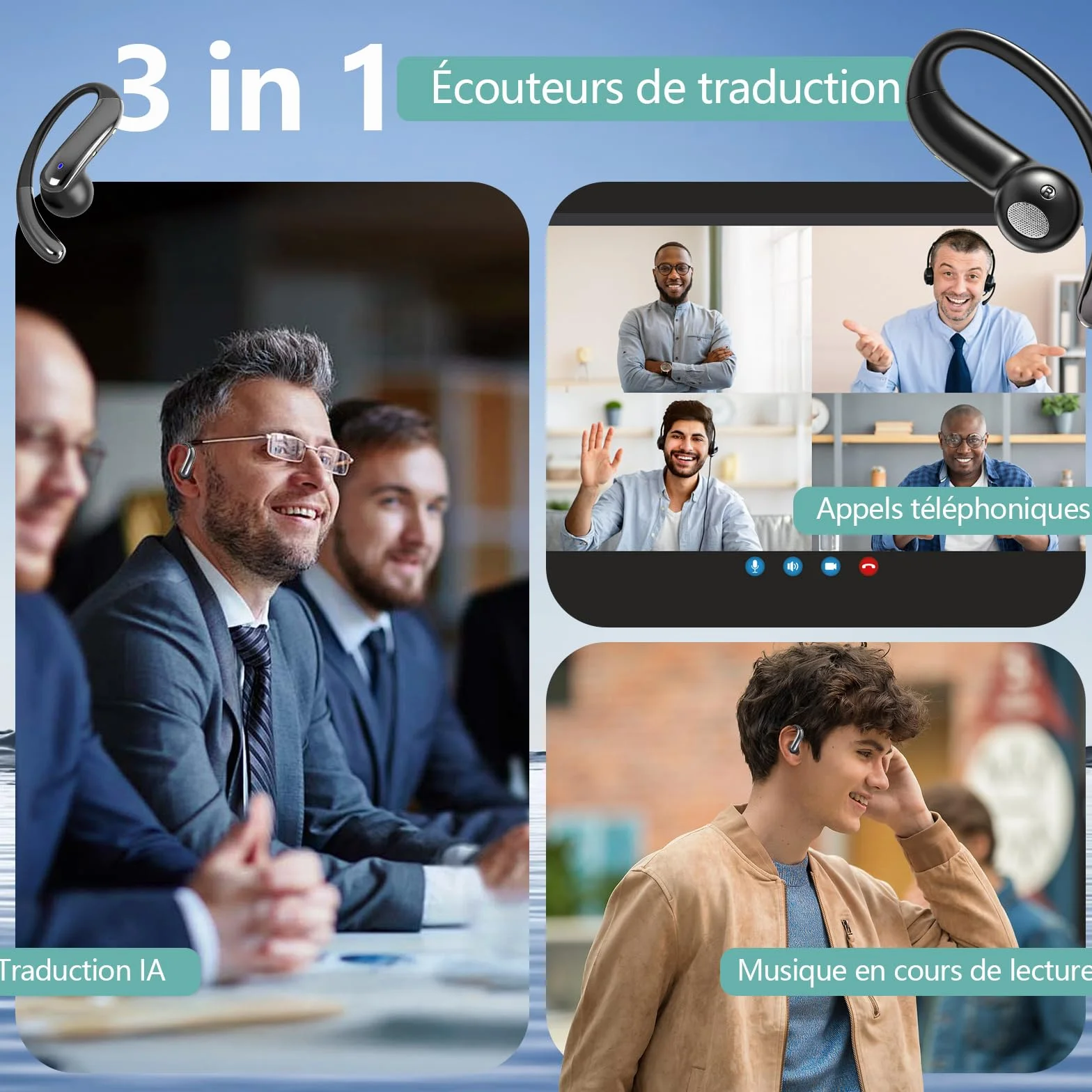 Casque Traducteur Intelligent 164 Langues 4 en 1 Ouvert 7 Modes Traduction Musique Sport Apprentissage Voyage