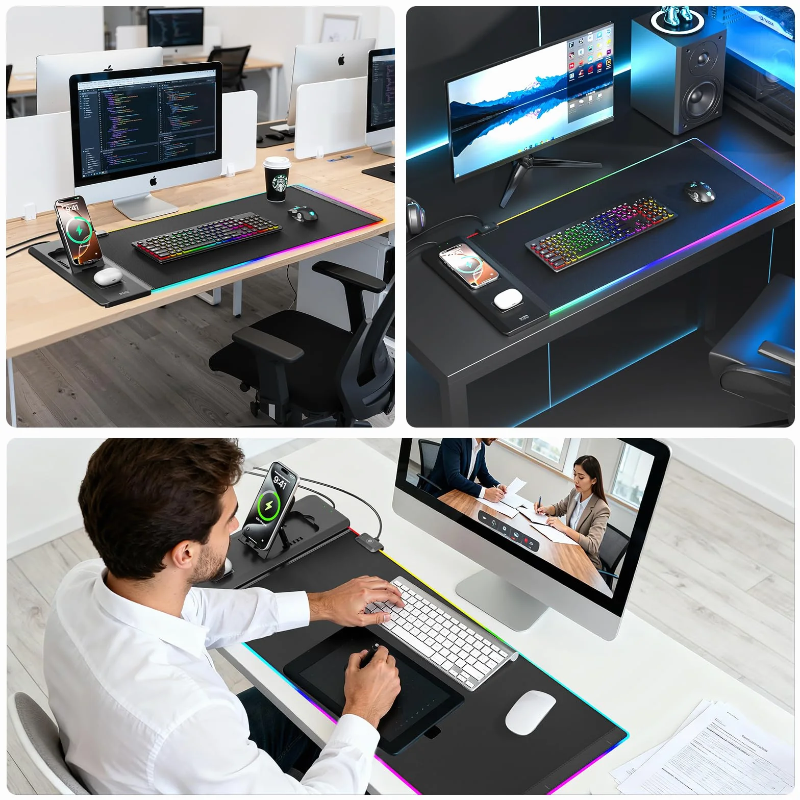KDD Tapis de Souris avec Support Téléphone Pliable - Recharge sans Fil Rapide 15 W - sous-Main Gaming Surface Ultra-Lisse, Base Antidérapante