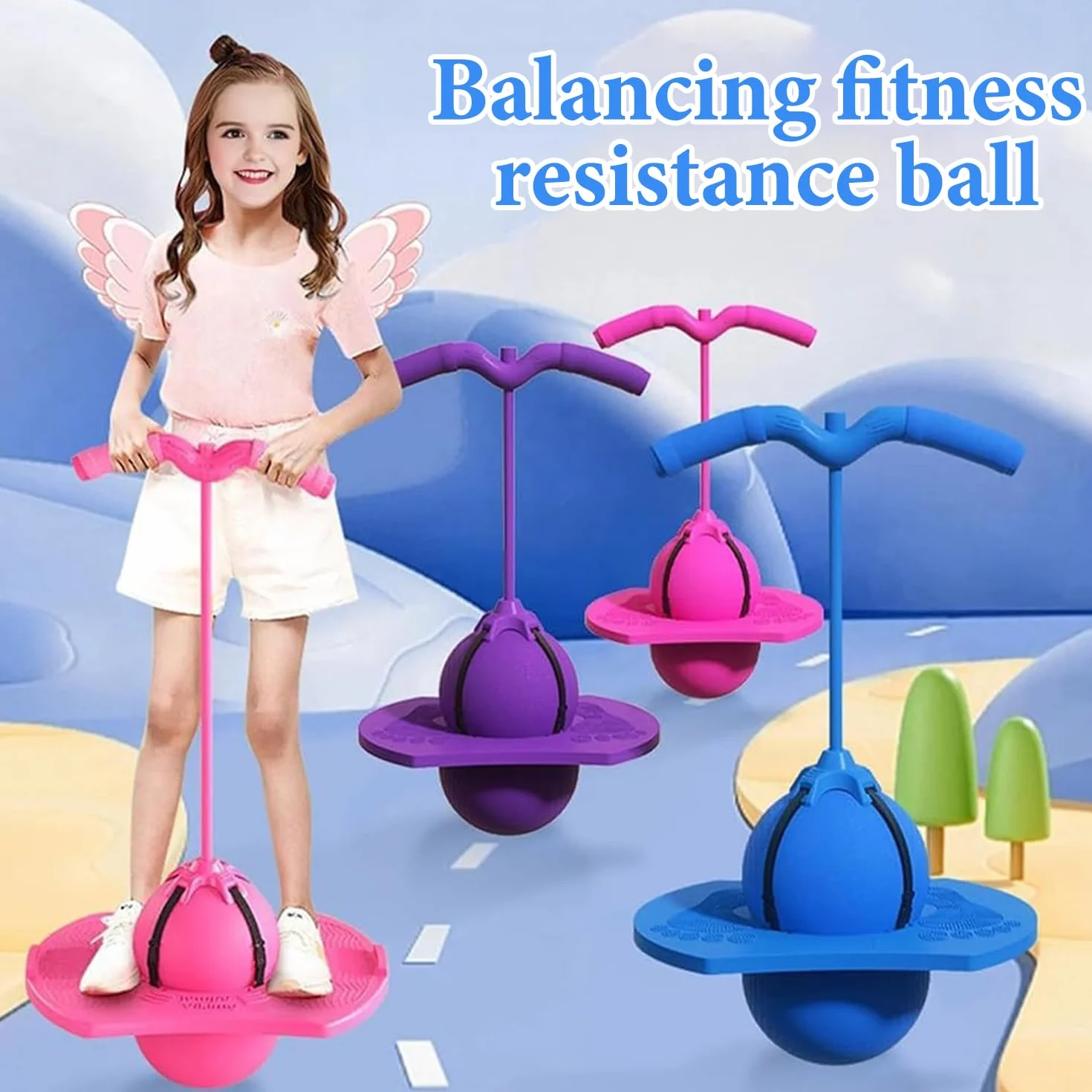 Ballon Sautoir Enfant Pogo Ball avec Poignée Antidérapant Jouet d'Intérieur Extérieur Sport Fitness Bleu