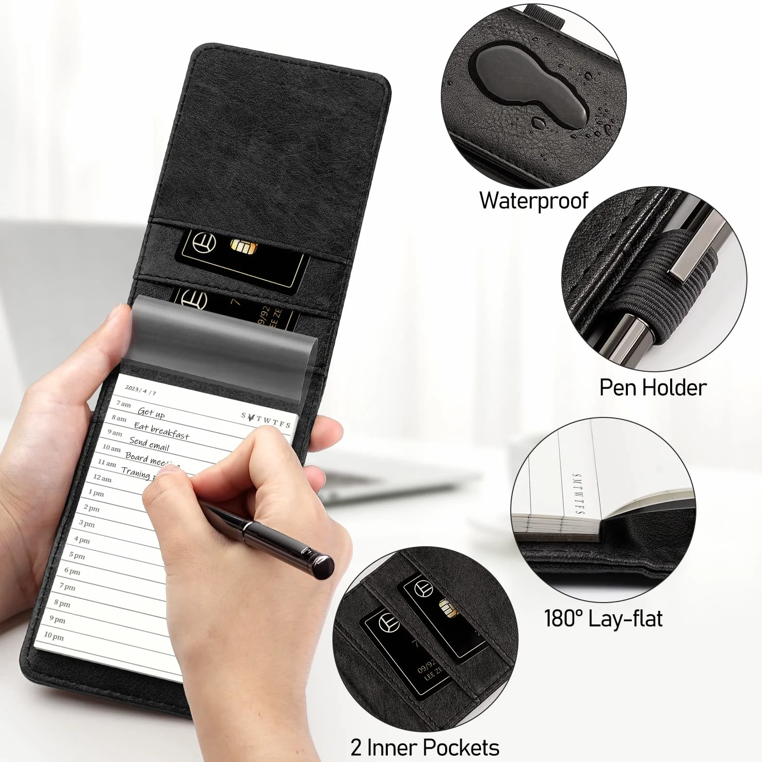 WEMATE 10 pièces Cuir PU Carnet de Poche Bloc Note avec recharges et stylo bille métal Noir