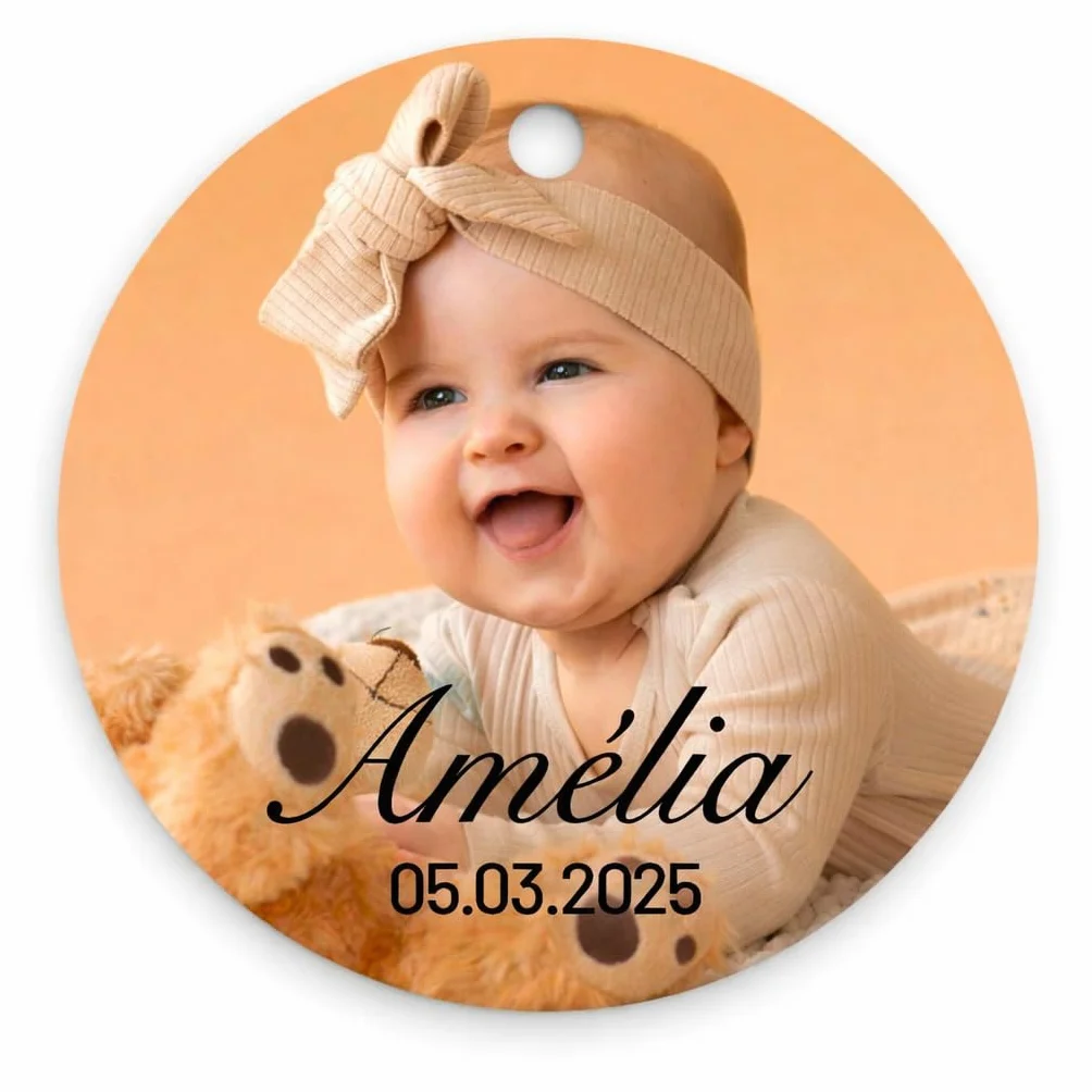 Étiquettes personnalisées rondes photo baby shower naissance baptême 3,7cm 4,5cm mat brillant perforées cadeaux invités
