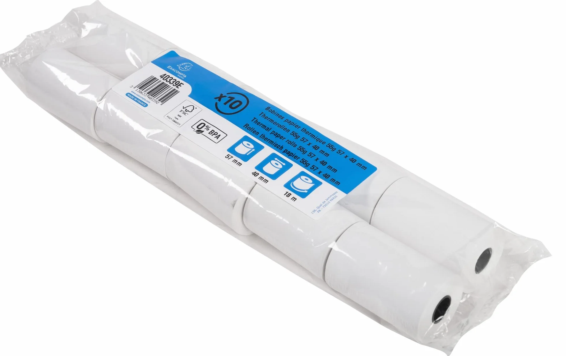 Exacompta Bobines pour tickets de carte bancaire 57 mm x 40 mm thermique 55g/m² 18 m Blanc