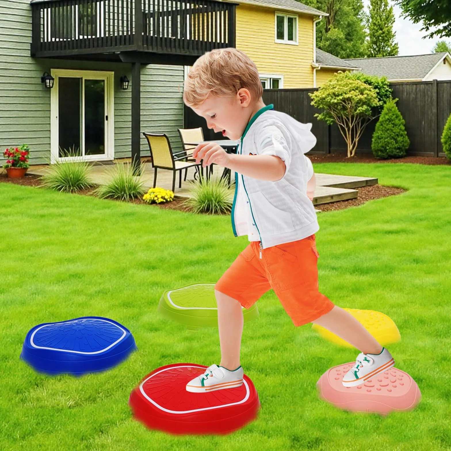 Pierres d'Équilibre Enfants 5PCS Parcours Motricité avec Musique et Lumière – Formation d'Équilibre Antidérapantes Jouets Sensoriels Int-Ext 3-8 Ans 70 kg