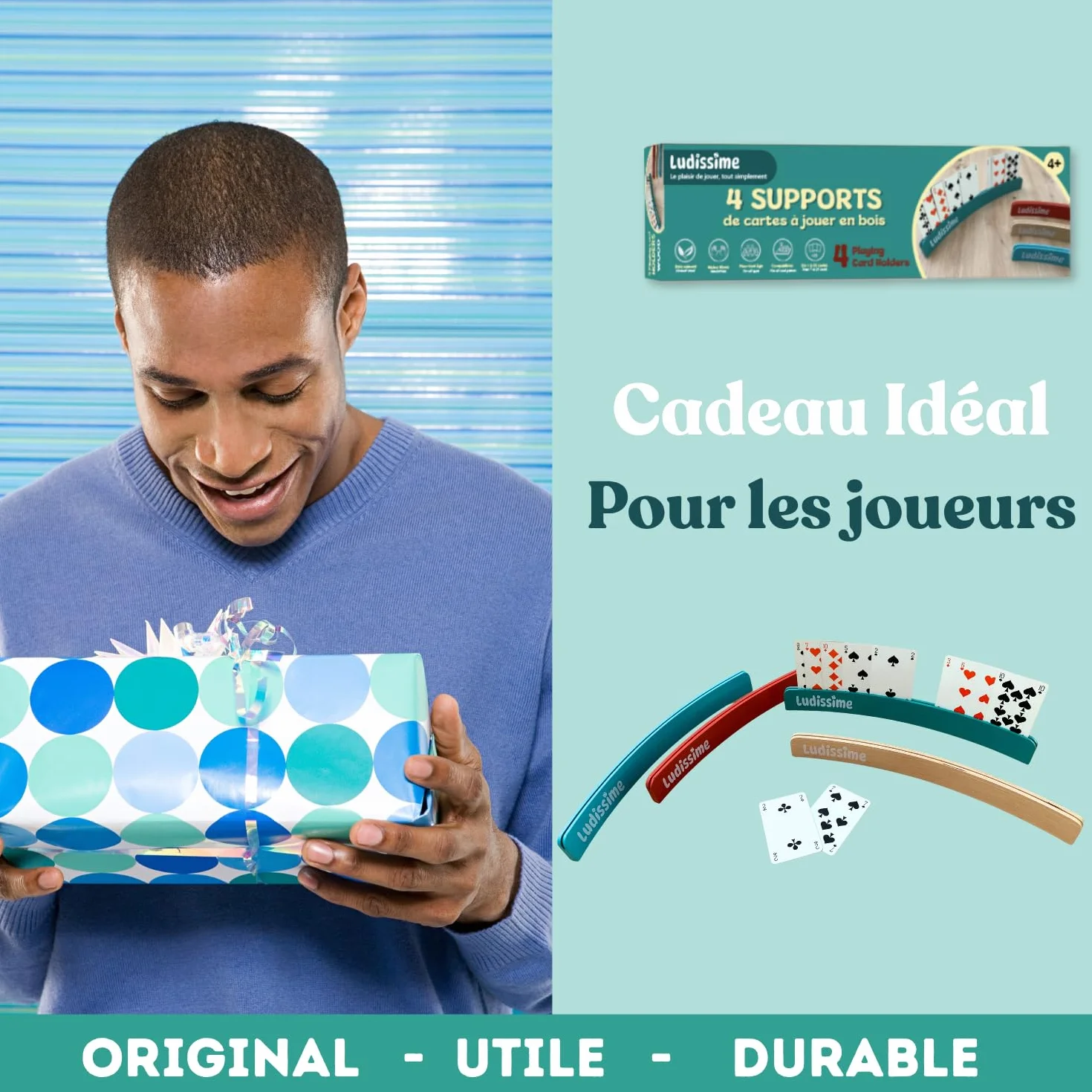 Porte cartes à jouer en bois 34 cm Lot de 4 - Accessoire belote tarot mains libres