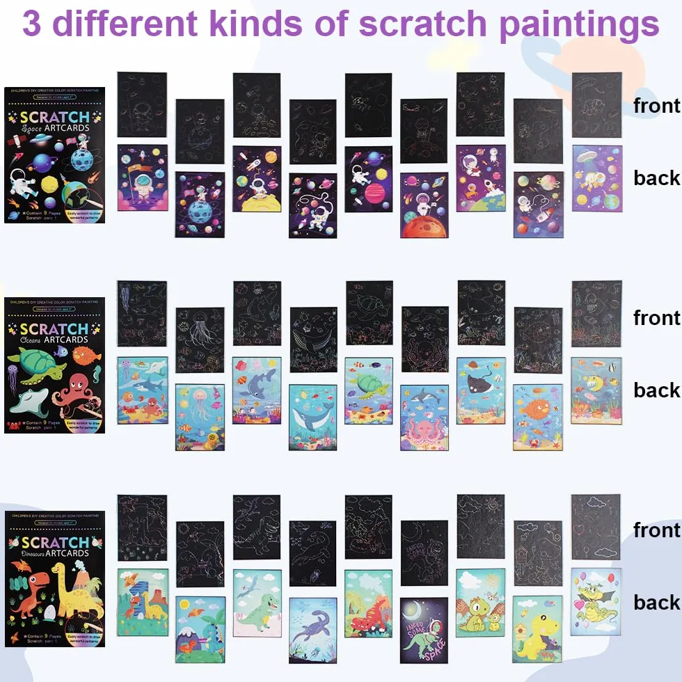 Scratch Art Kit Lot de 3 Carte a Gratter avec Stylets en Bois pour Enfants Adulte 18.5x13.5cm