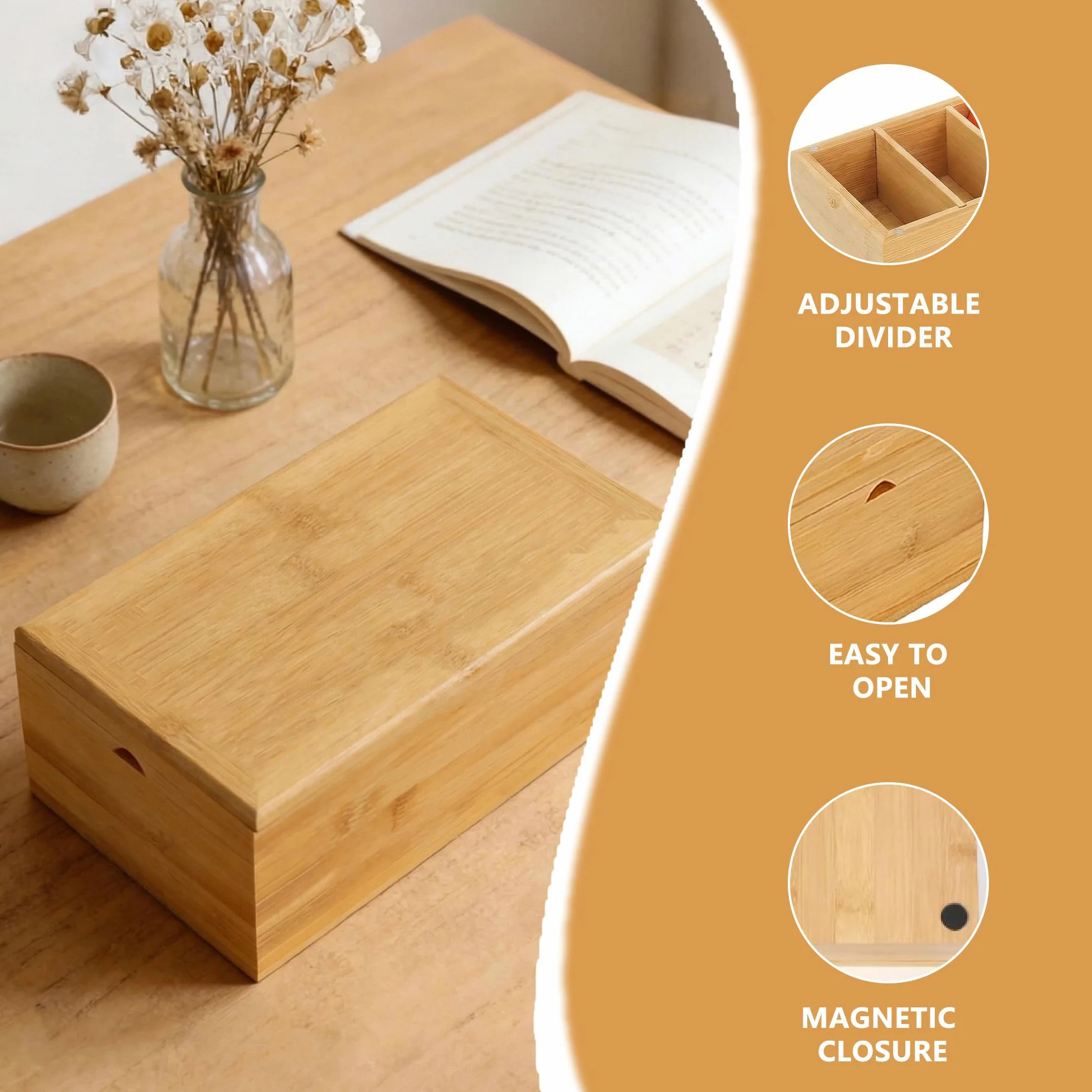 Boîte à Fiches en Bois 4 Compartiments Ajustables pour Fiches A8 22.2x9.5x7cm