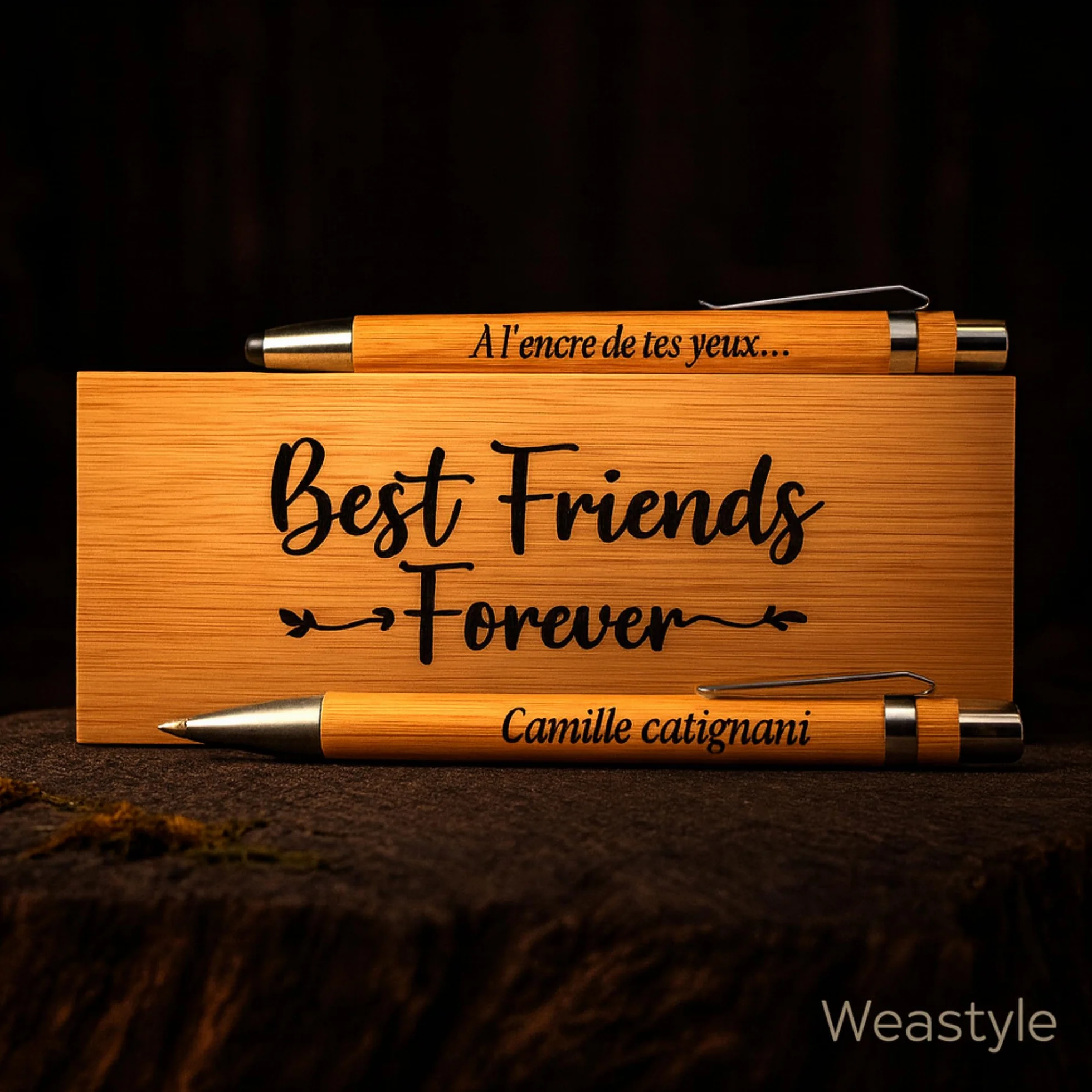Stylos Personnalisés Bois Gravé avec Coffret Cadeau – Cadeau Couple Anniversaire Saint-Valentin