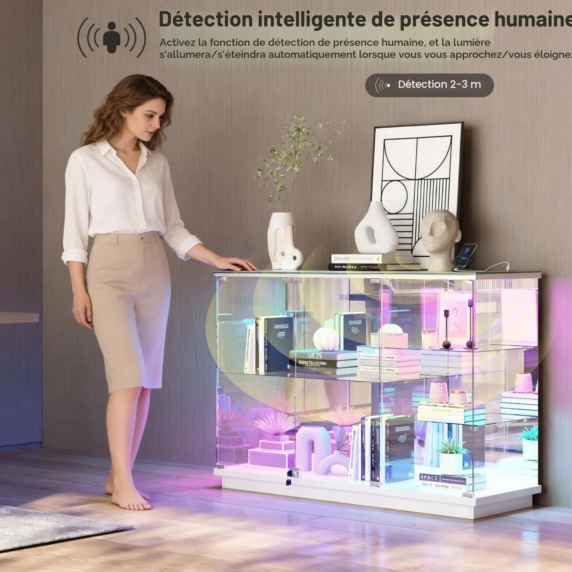 Lvifur Vitrine en Verre à 5 étagères avec éclairage RGB pour Salon,Blanche