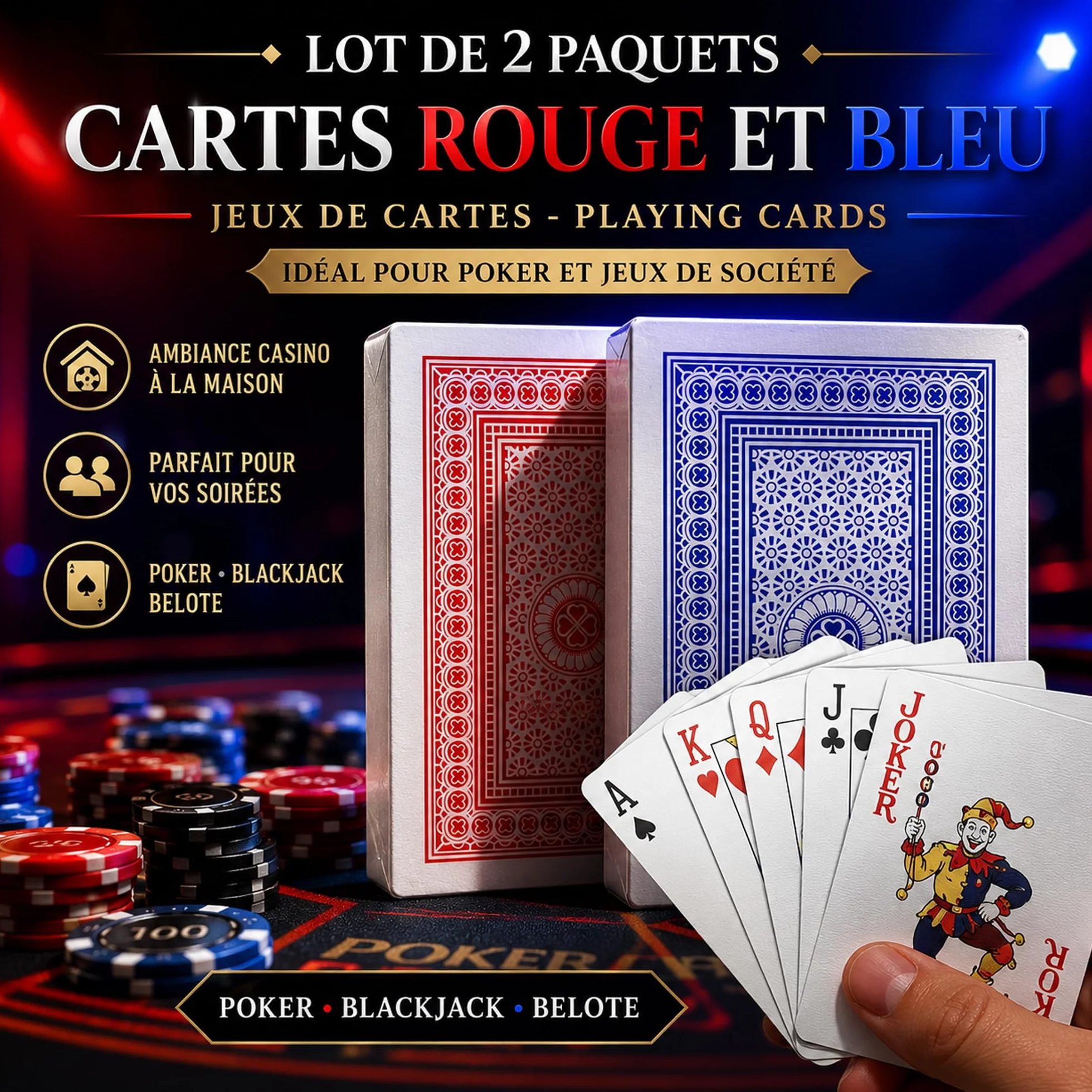 Jeux de Cartes Rouge et Bleu Lot de 2 - Cartes à Jouer pour Poker et Jeux de Société
