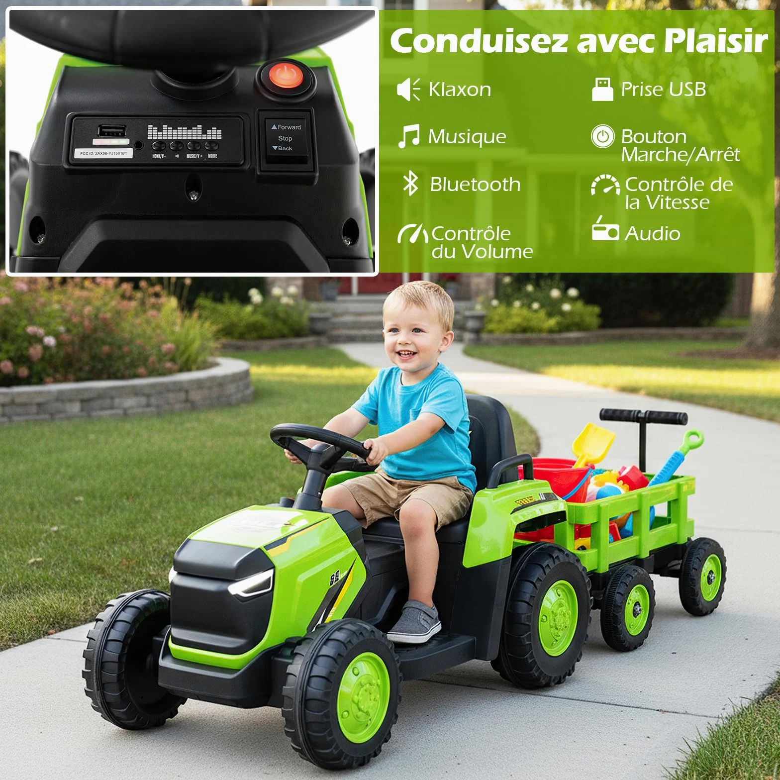 COSTWAY 12V Tracteur Électrique Enfant avec Remorque Amovible, Voiture Électrique Enfant avec Télécommande & Phares LED, Klaxon, Musique, 1,6-4 km/h, Charge 30 kg pour 37-95 Mois (Vert)