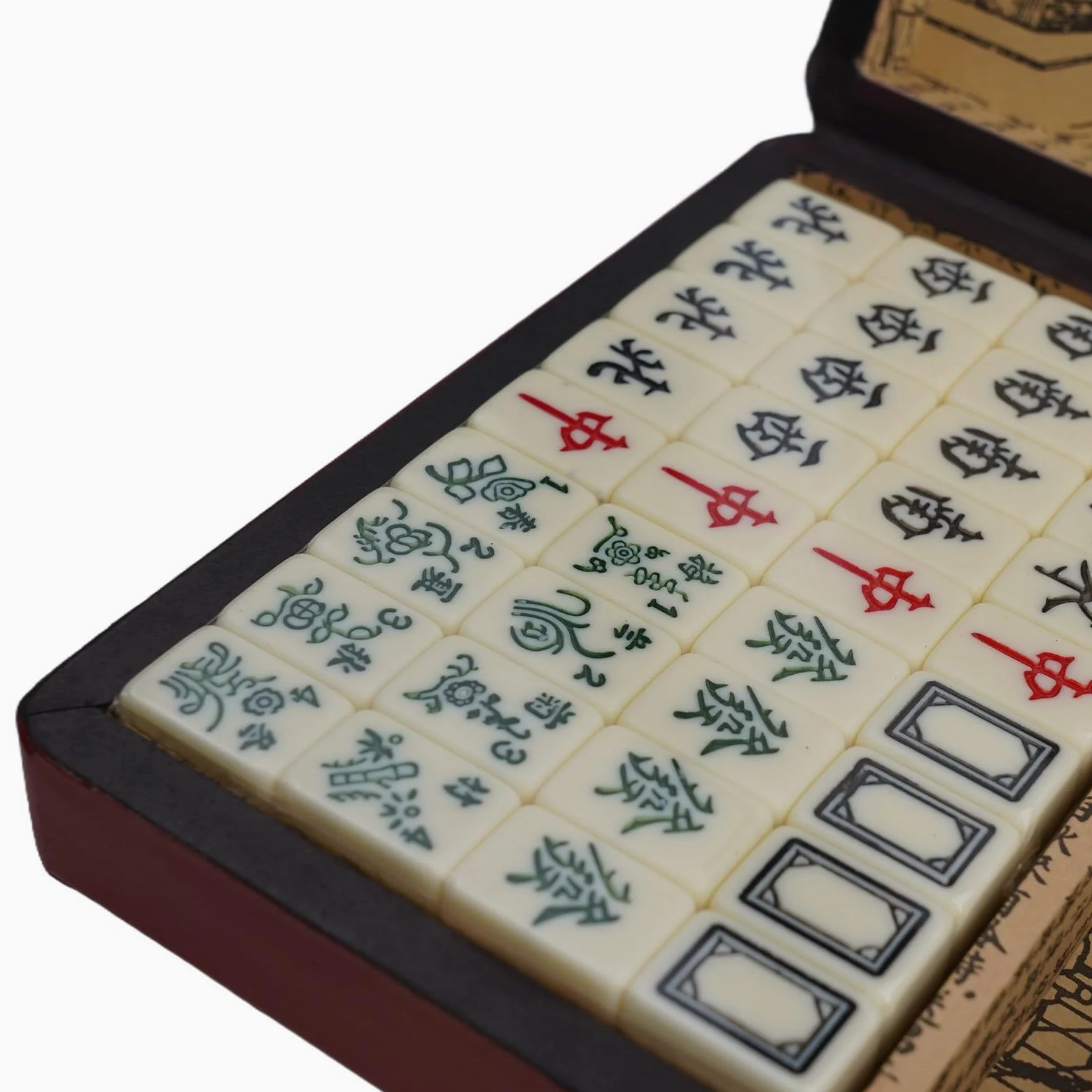 Jeu de pour mahjong Chinois 144 Tuiles avec Étui en pour bois | 144 tuiles complètes, 2 dés inclus, instructions anglaises, règles chinoises, jeu familial(without handle)