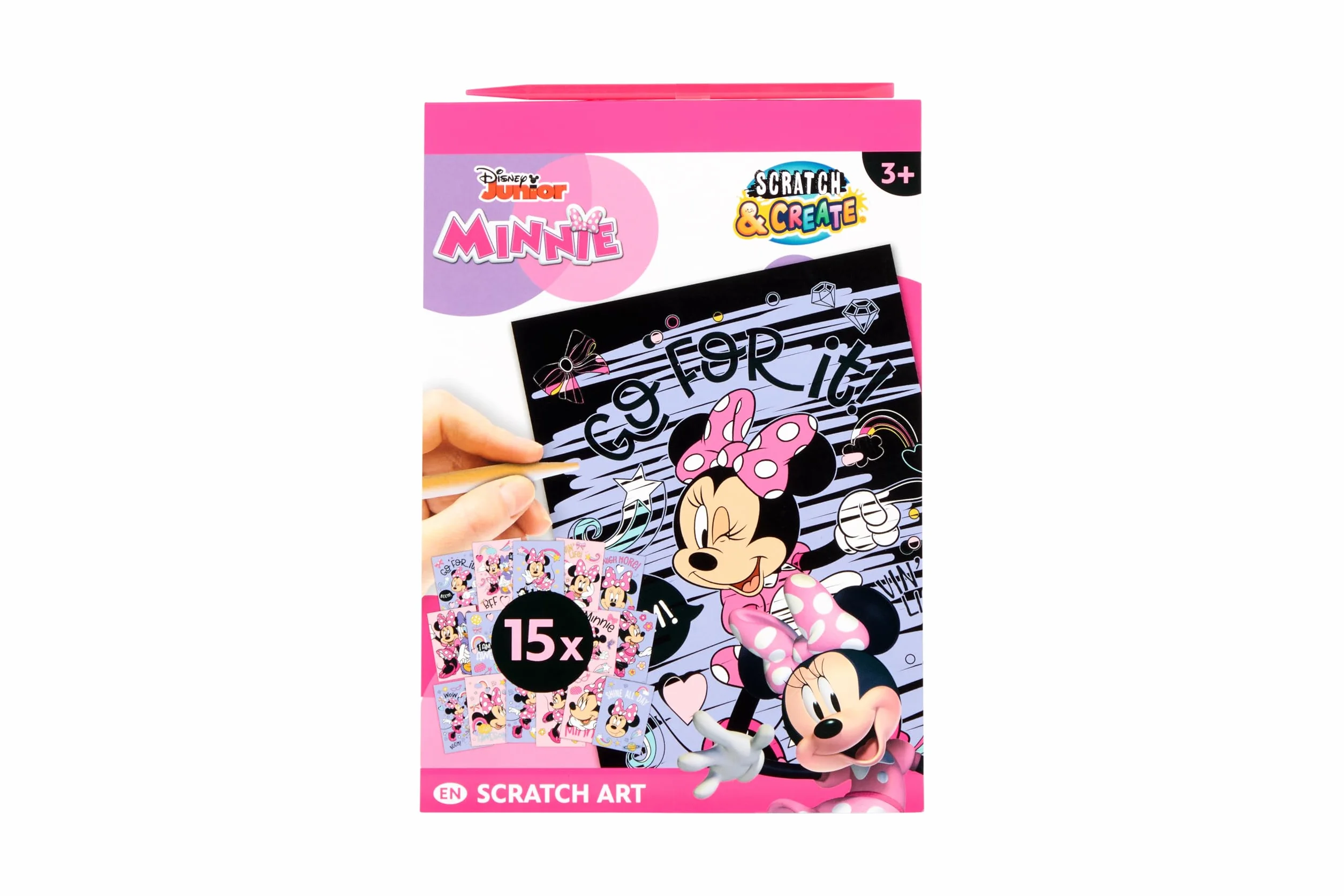 Disney Minnie Mouse Livre d'images à gratter A5 pour enfants avec stylo en bois et 15 motifs arc-en-ciel