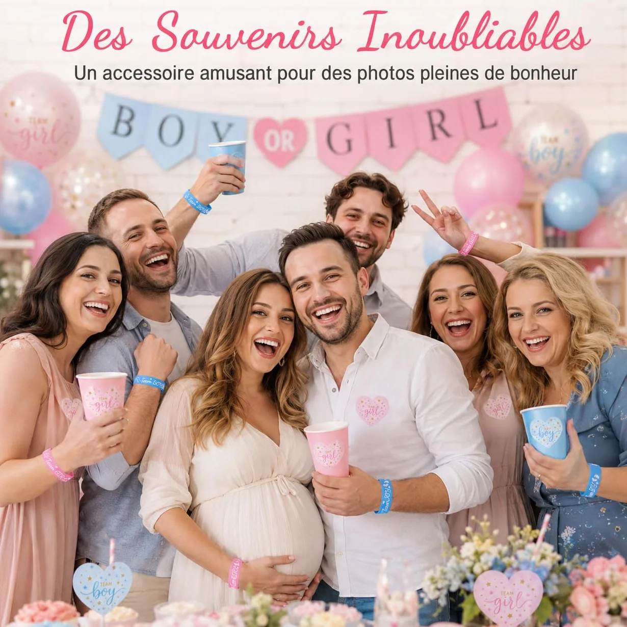 Kit de Révélation de Genre 60 Pièces avec Bracelets Silicone et Autocollants Cœur pour Annonce Grossesse