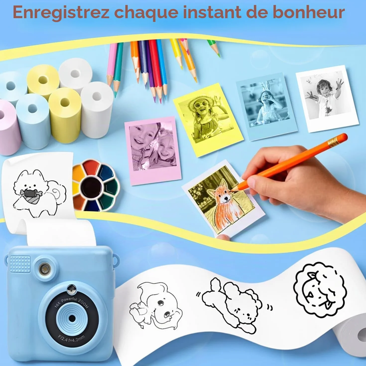 Lot de 18 rouleaux de papier pour appareil photo instantané enfants, sans BPA 5.7 x 2.5 cm