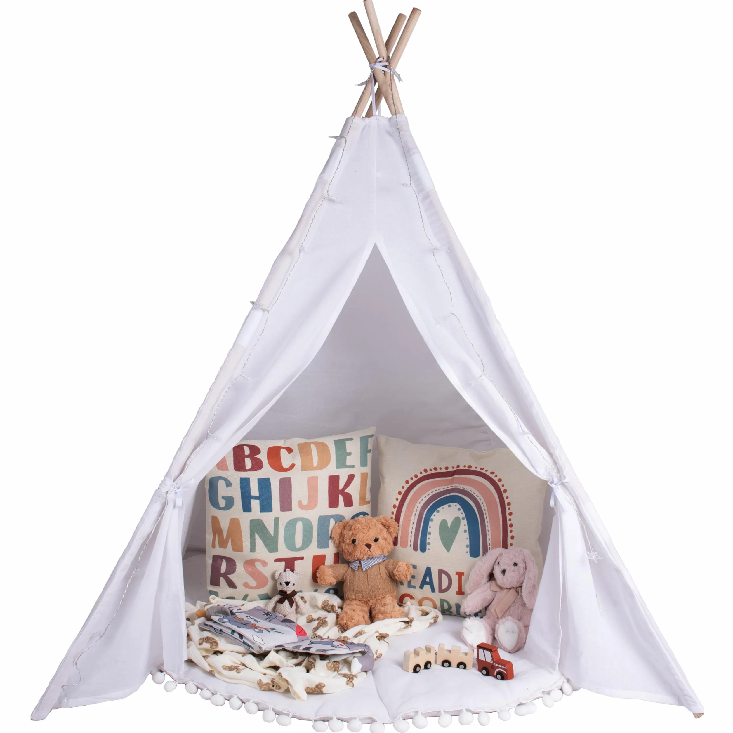 Tente tipi pour enfants blanc ivoire 140x120 cm toile coton avec guirlande lumières étoile