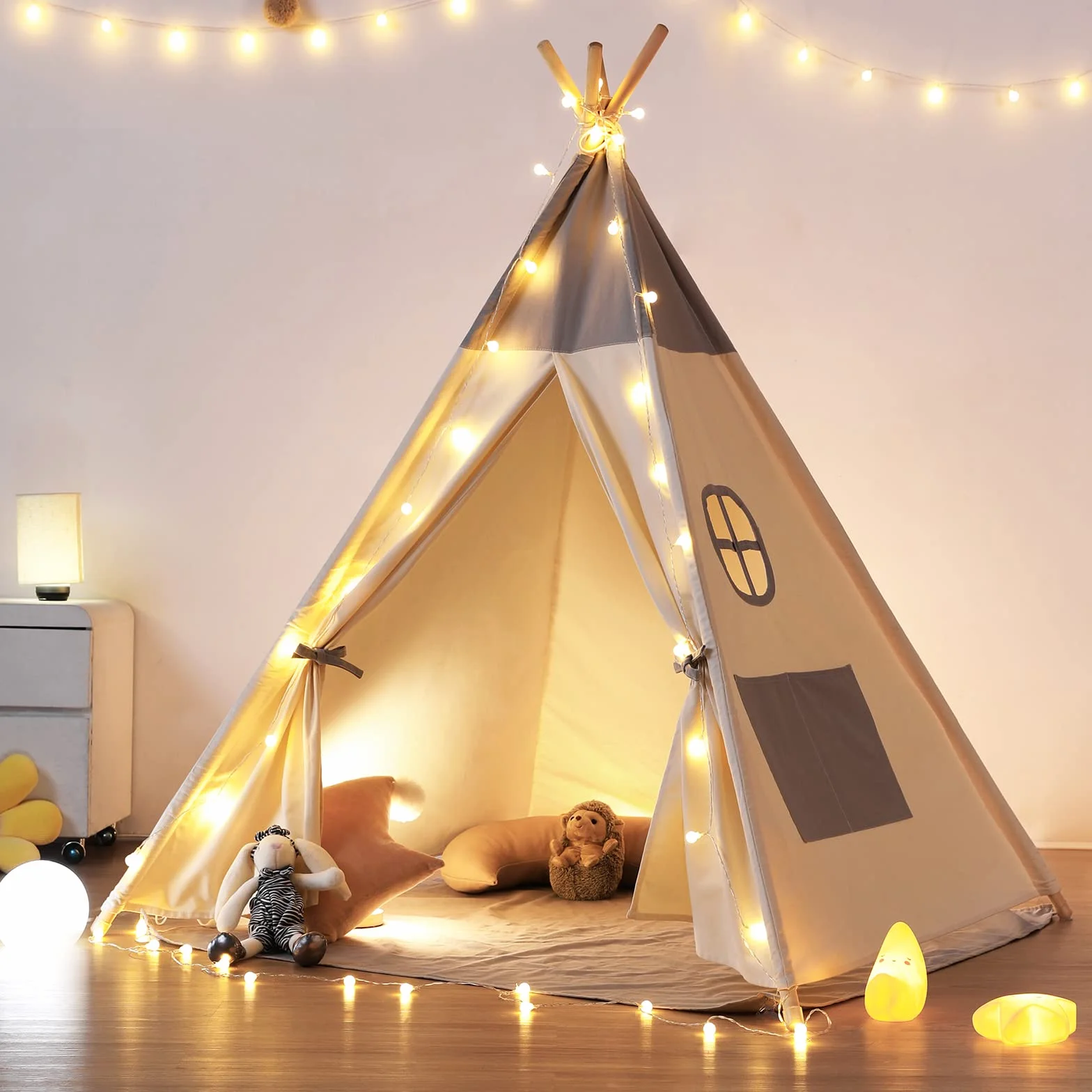 Tipi Enfant avec lumière Tapis & fixateur, Grande Tente Pliante pour Bebe Gris