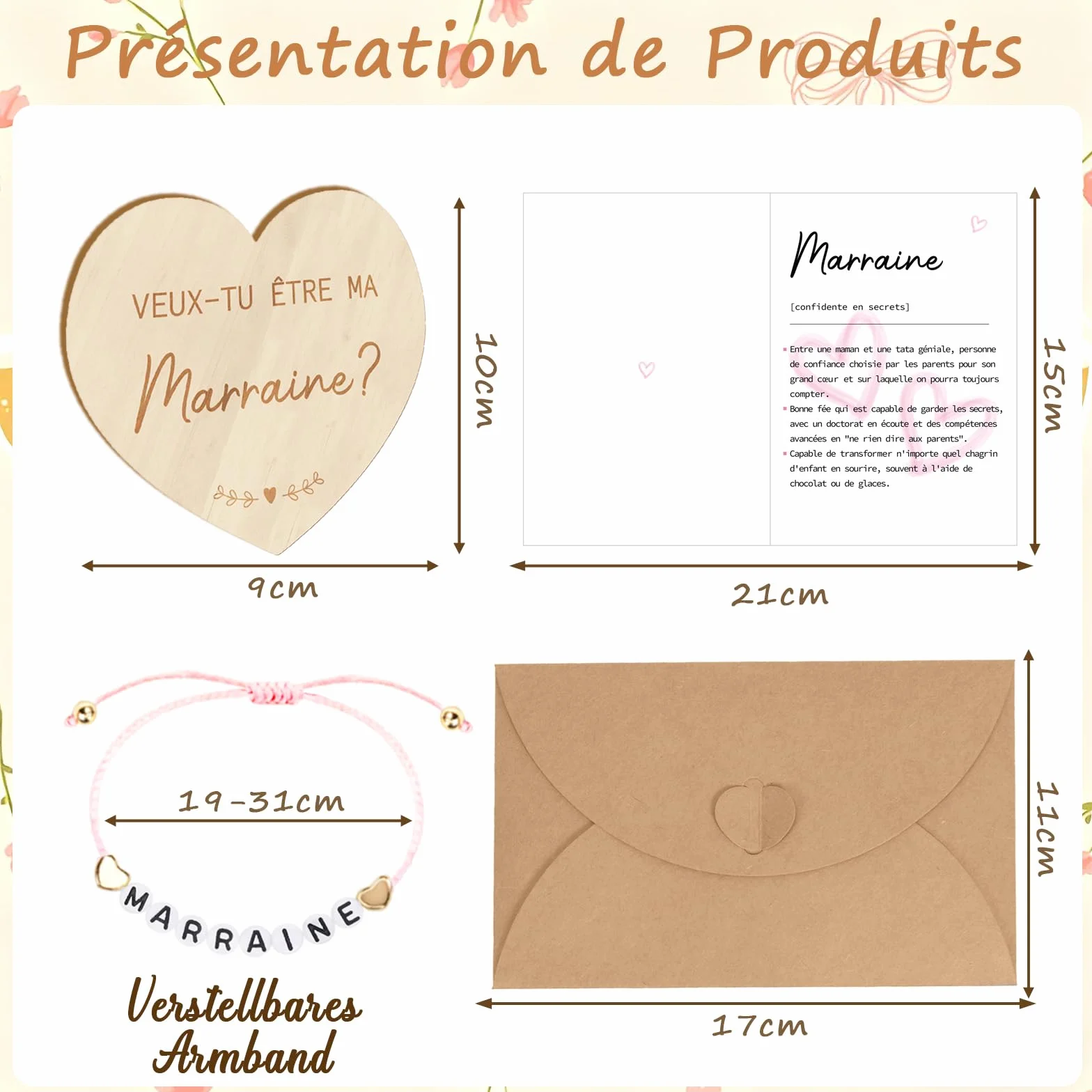 Carte de Demande en Bois pour Marraine, Bracelet avec Lettres, Idées Cadeaux
