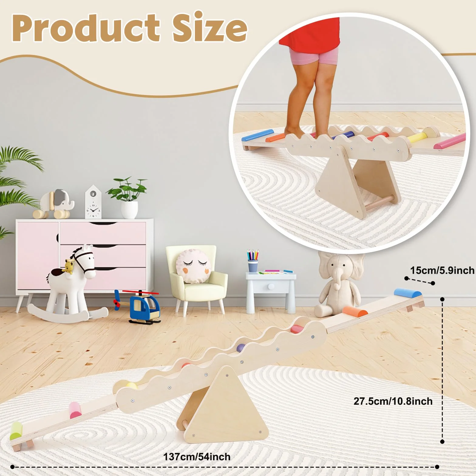 Poutre d'équilibre 2 en 1 en bois pour enfants, bascule et balançoire intérieur extérieur