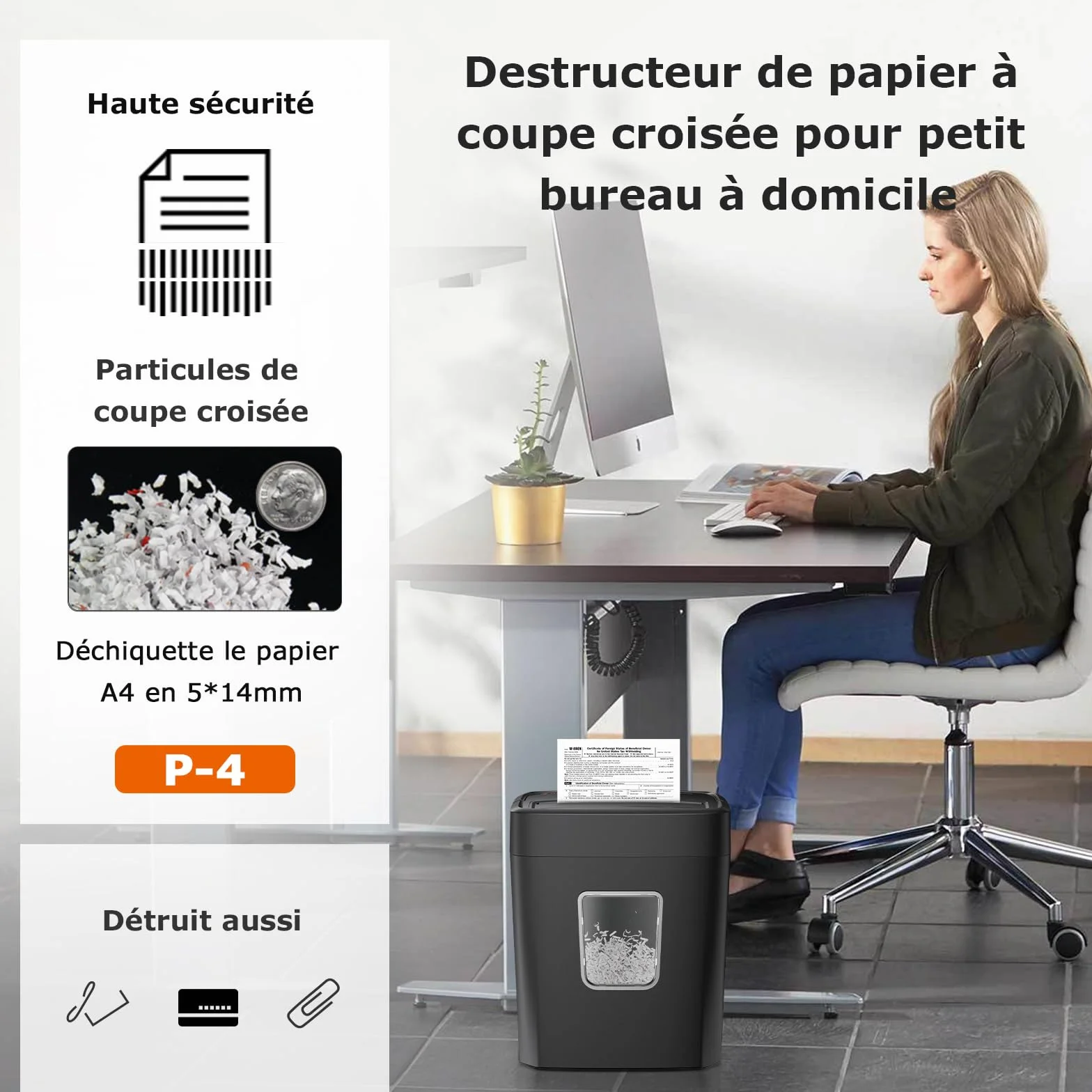 Bonsaii Destructeur de Documents 8 Feuilles, Broyeur Papier Sécurité P-4 Coupe Croisée, Corbeille 16L, Déchiqueteuse Électrique Compacte C261-C